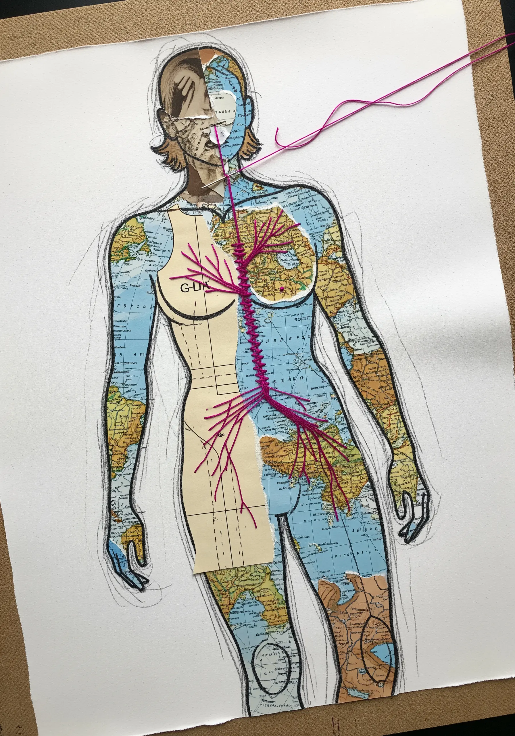A figure collaged from maps with a magenta stitched vascular system running through it.