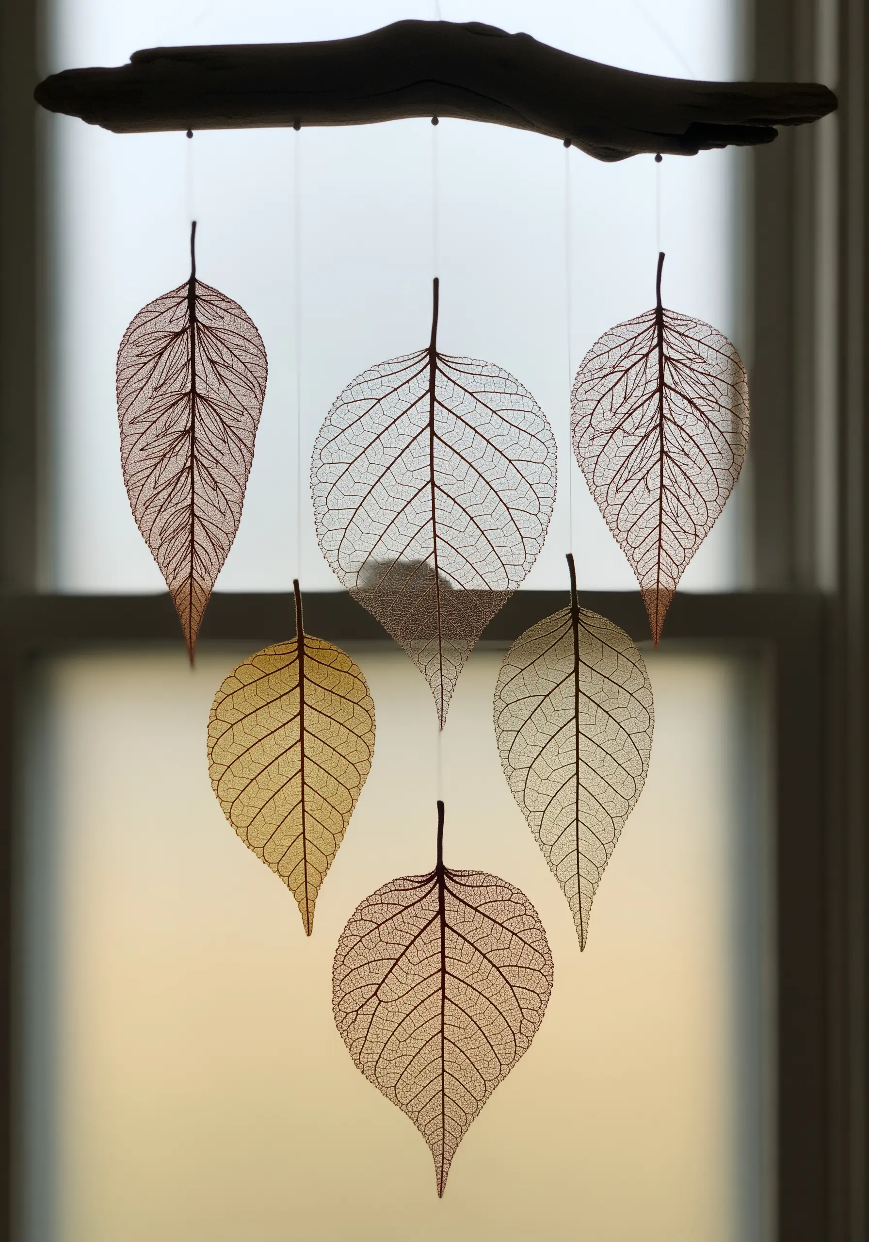 A mobile of translucent skeleton leaves, some of which have delicate stitching along their veins.