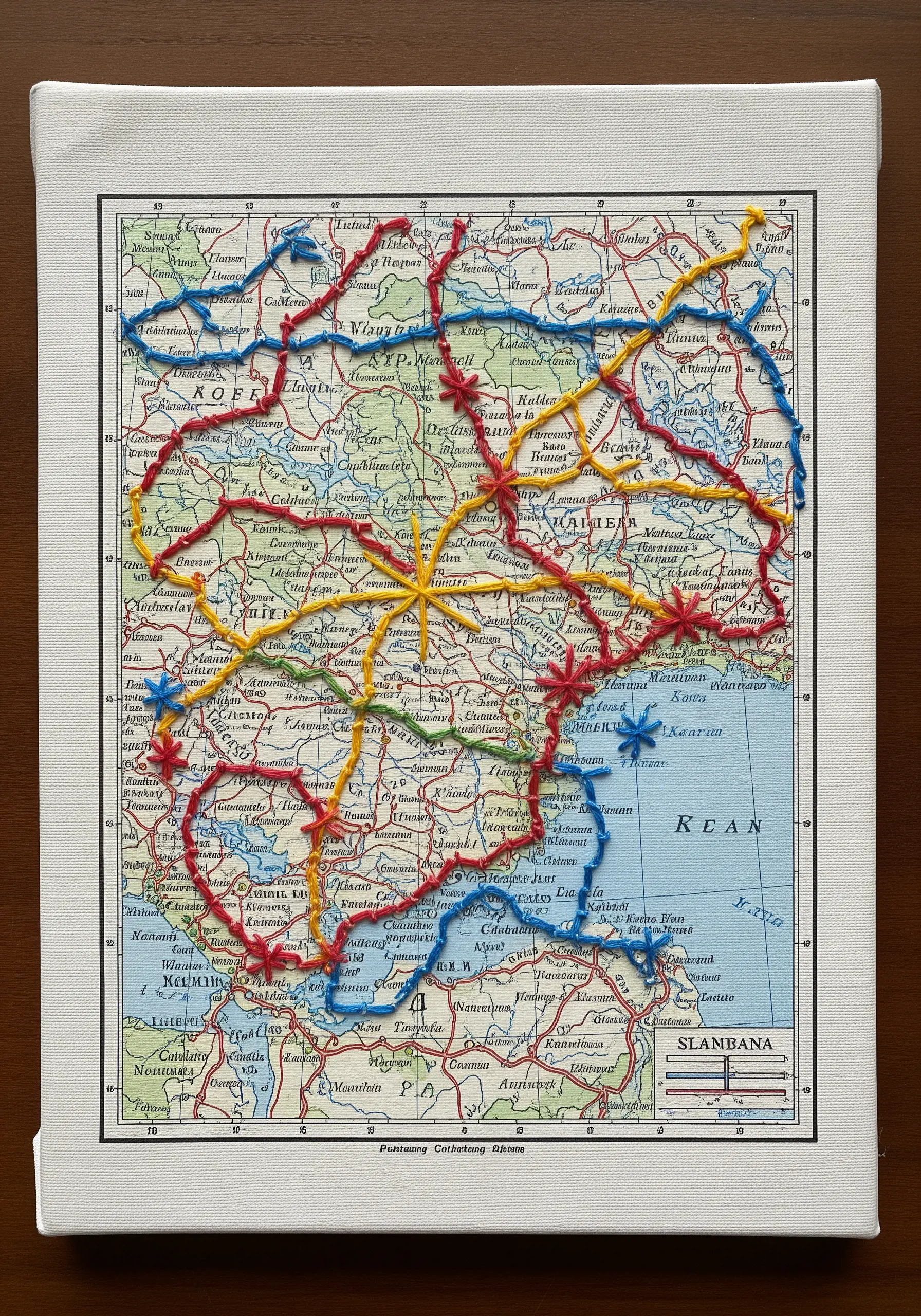 A vintage map on canvas with colorful threads stitched across it to connect different locations.