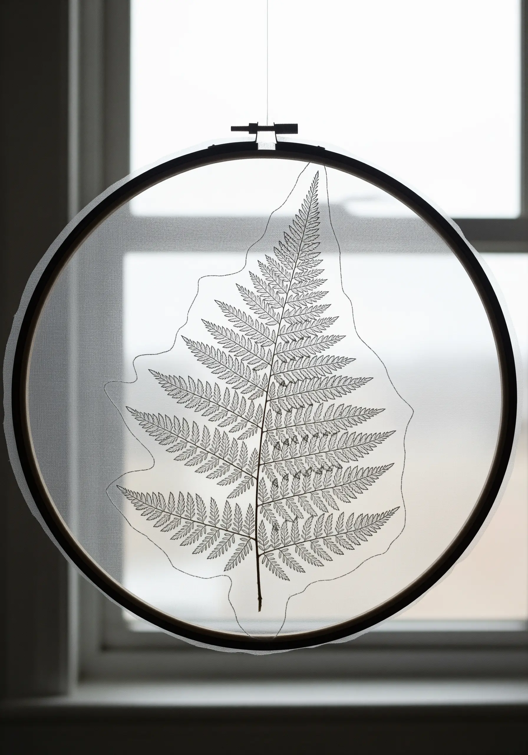 Fine-line embroidery tracing a fern on transparent tulle in a hoop.