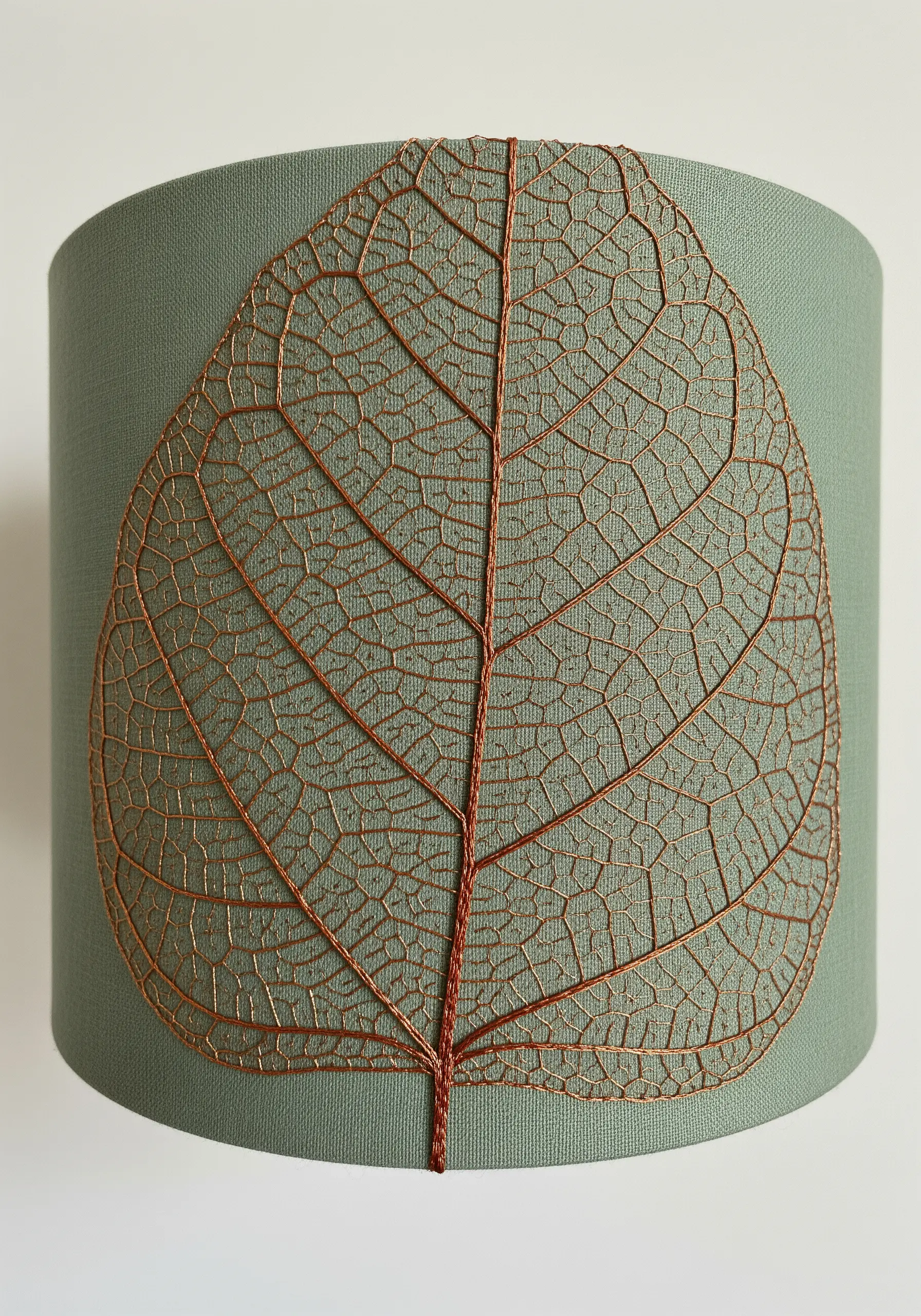 The delicate vein structure of a leaf embroidered in copper metallic thread on a lampshade.