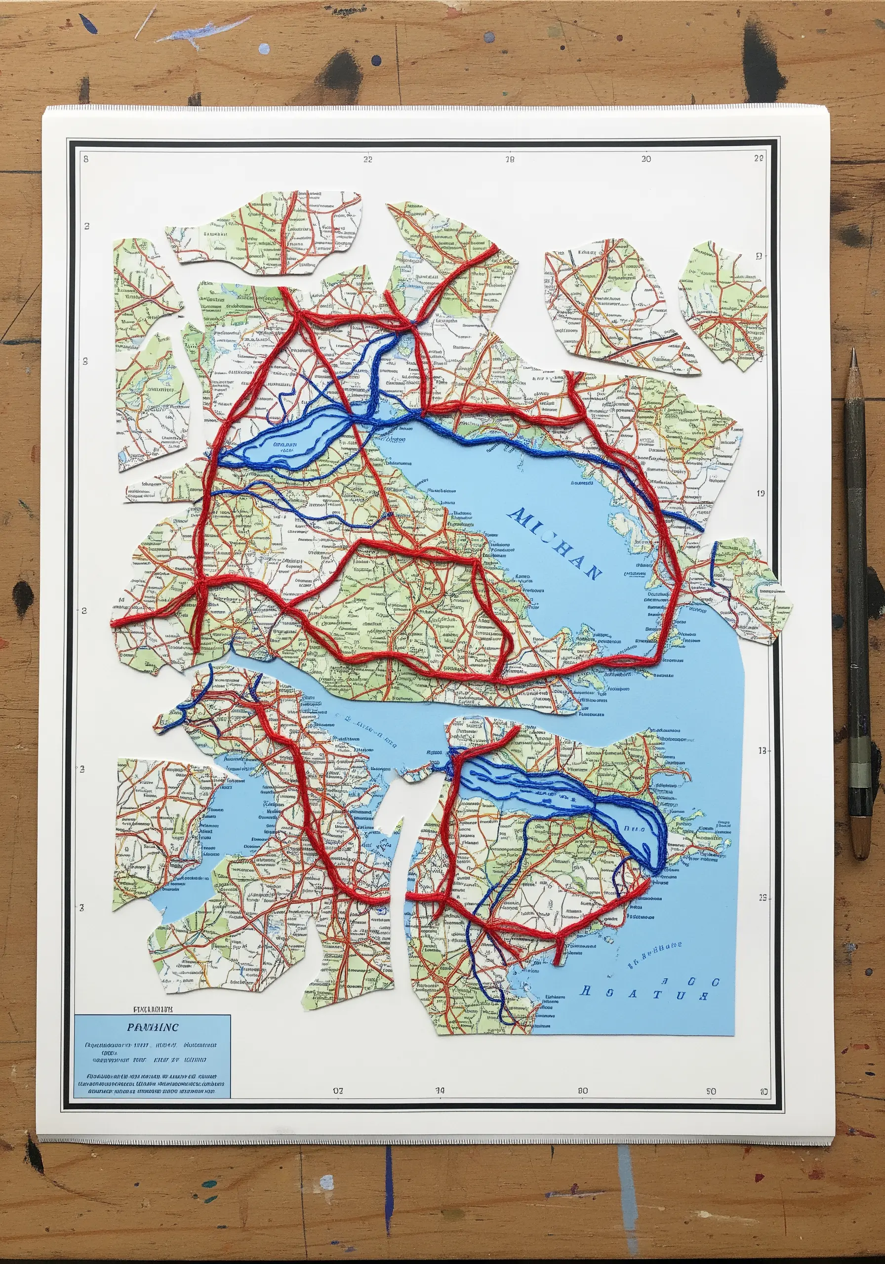 A fragmented map collage where roads and rivers are traced with couched red and blue yarn.