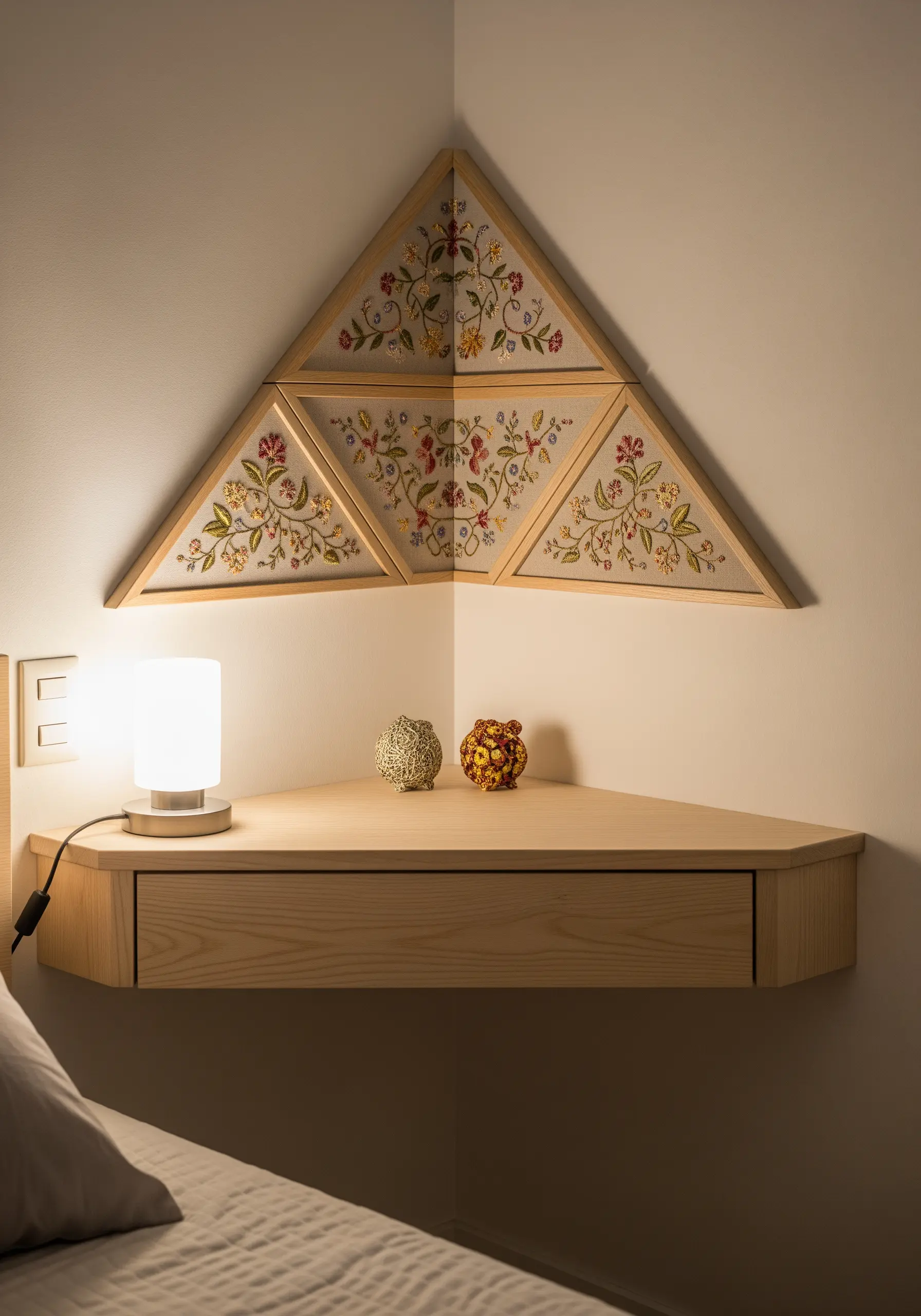 A set of custom triangular frames with folk-art embroidery fitted into a bedroom corner.