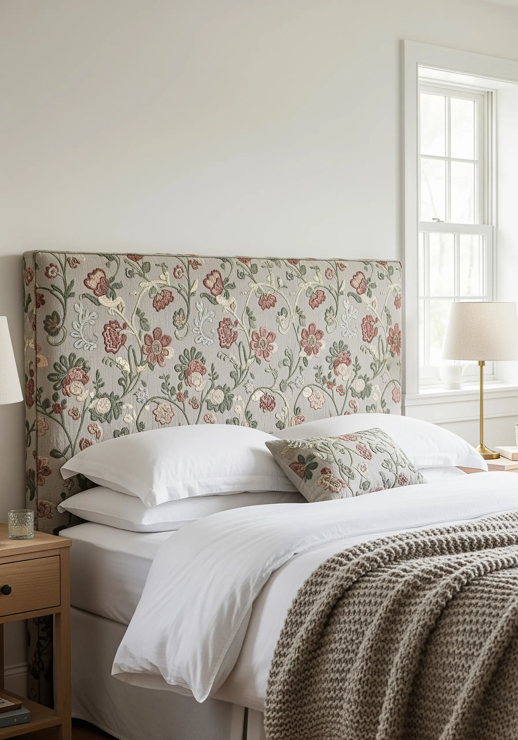 Upholstered headboard with intricate floral and vine embroidery in muted tones.
