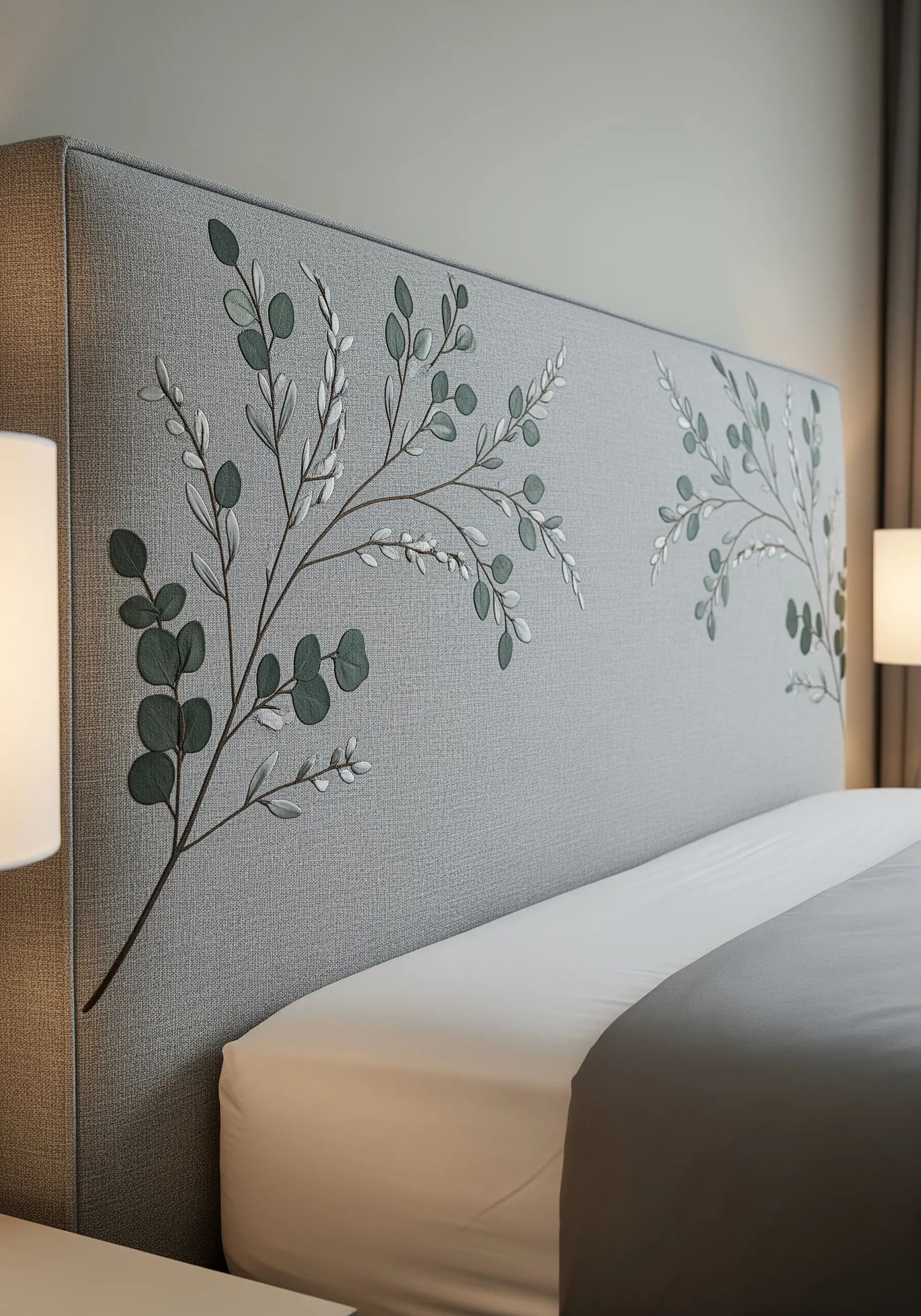 A grey upholstered headboard featuring delicately embroidered silver dollar eucalyptus branches.