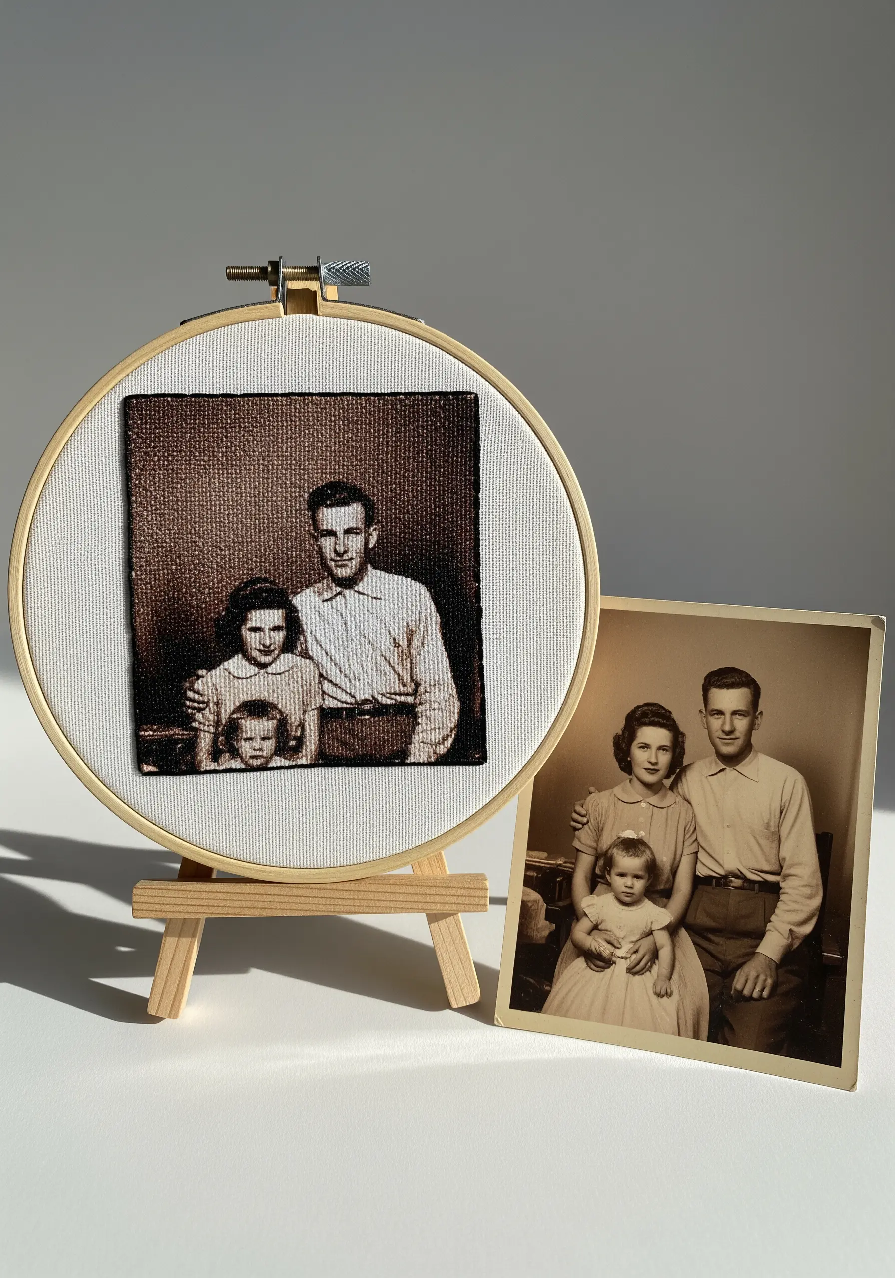 An old family photograph printed on fabric and embroidered over with dense, textural stitches.