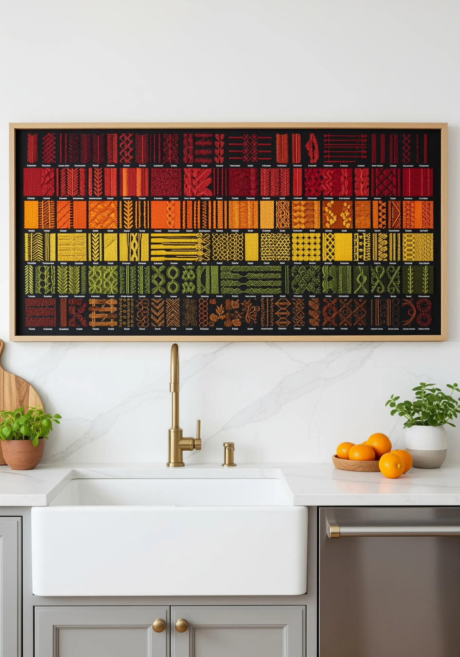 A large framed stitch sampler organized in a grid with a vibrant color gradient.