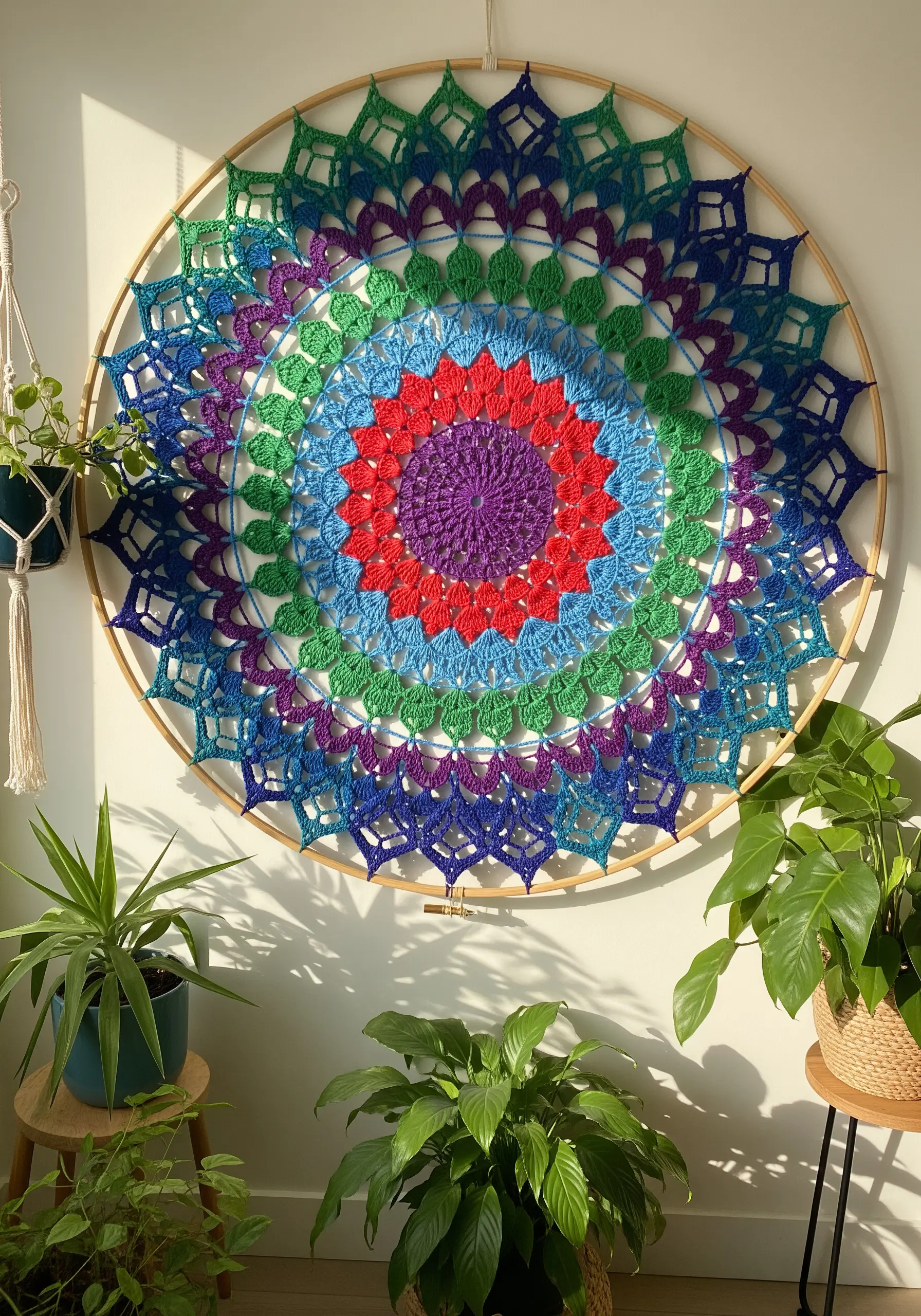 A large, colorful crocheted mandala stretched within a wooden hoop, displayed as wall art among plants.