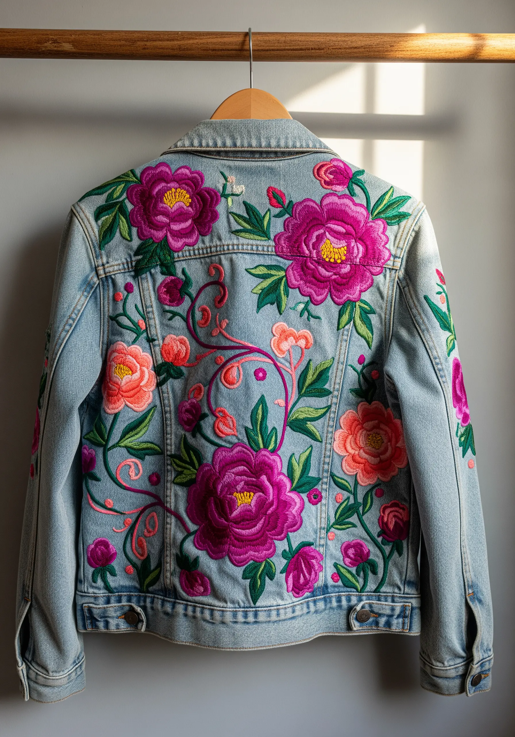 Denim jacket back covered in vibrant pink, orange, and green floral embroidery.