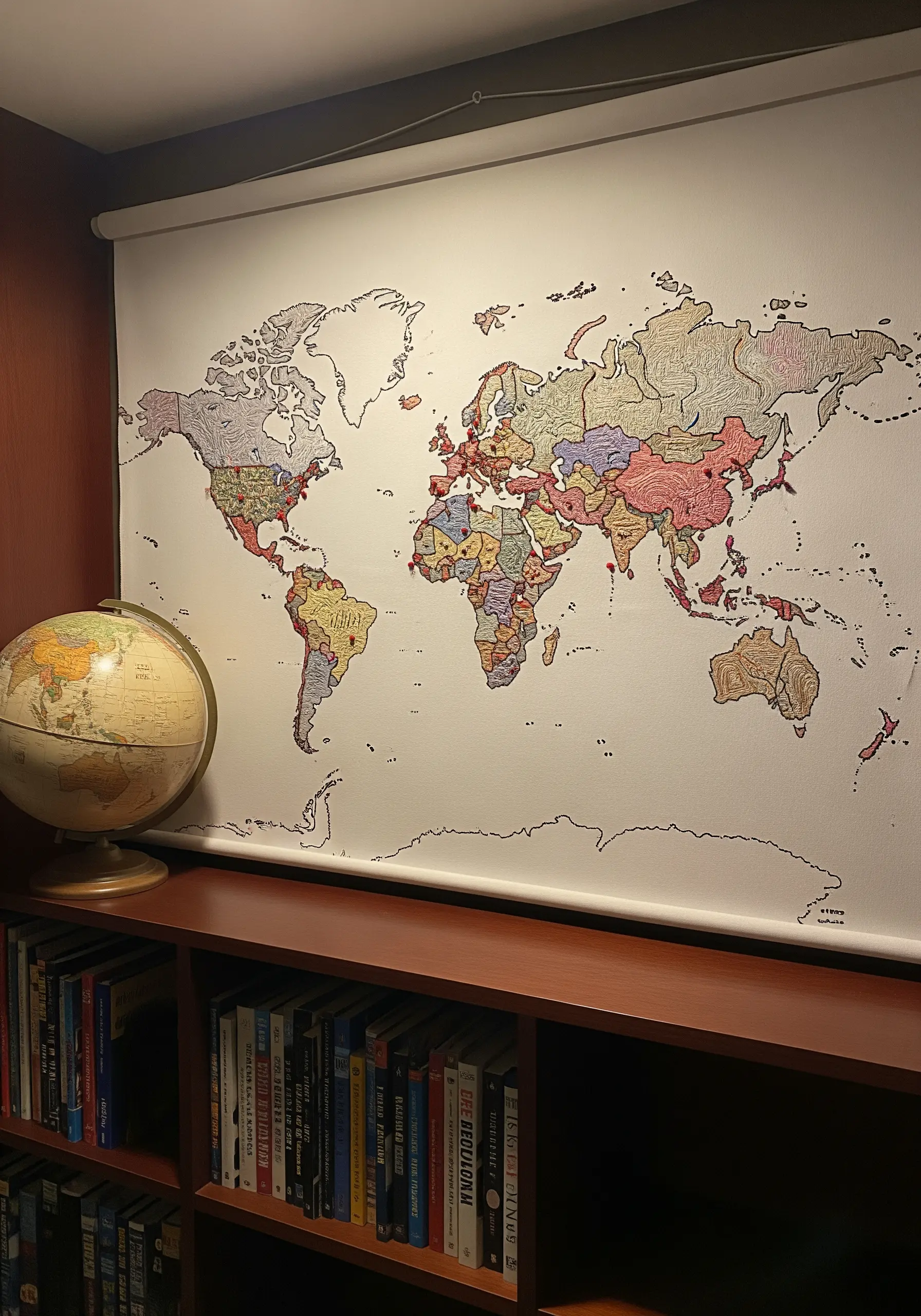 A large world map embroidered onto a white roller blind over a bookshelf.