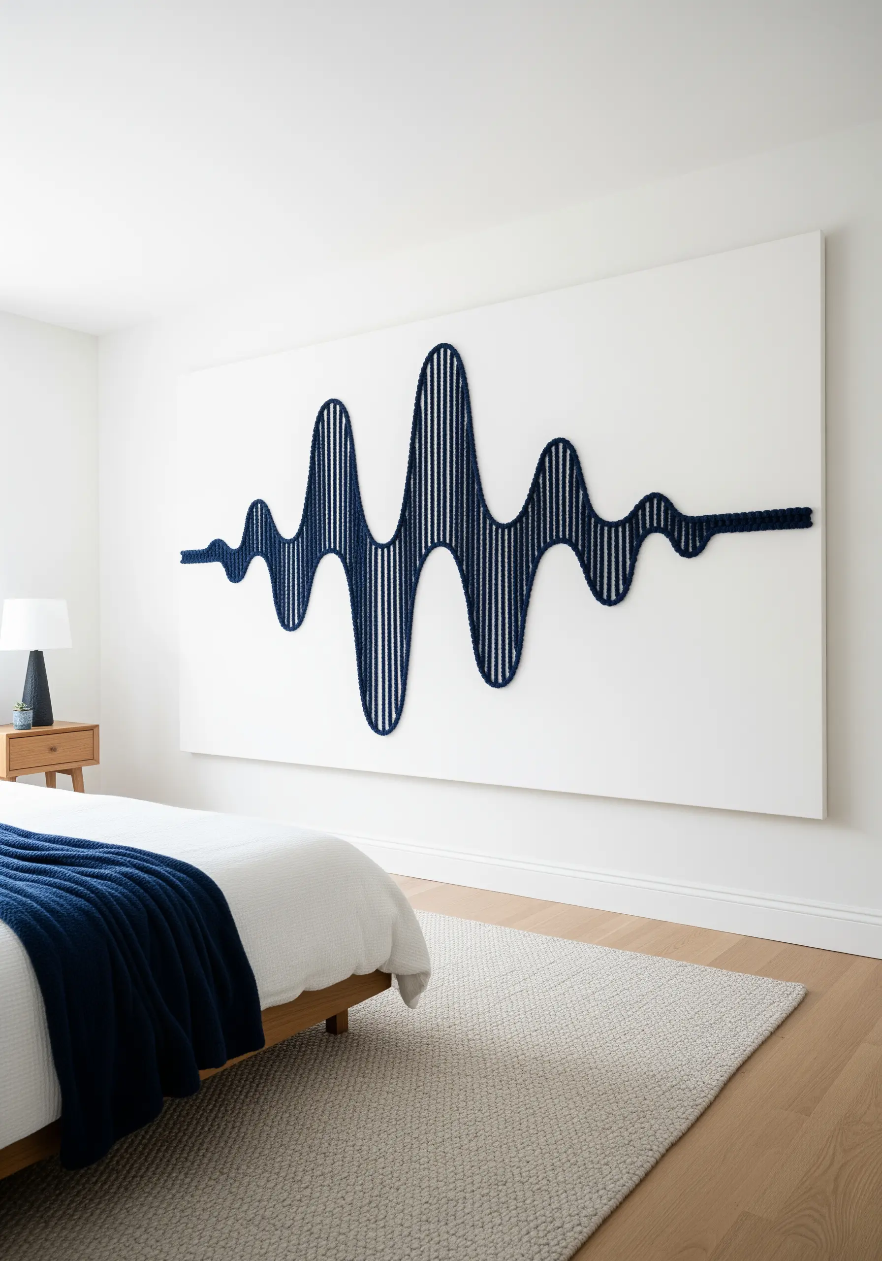 A large, dark blue yarn-wrapped soundwave sculpture mounted on a white wall above a bed.