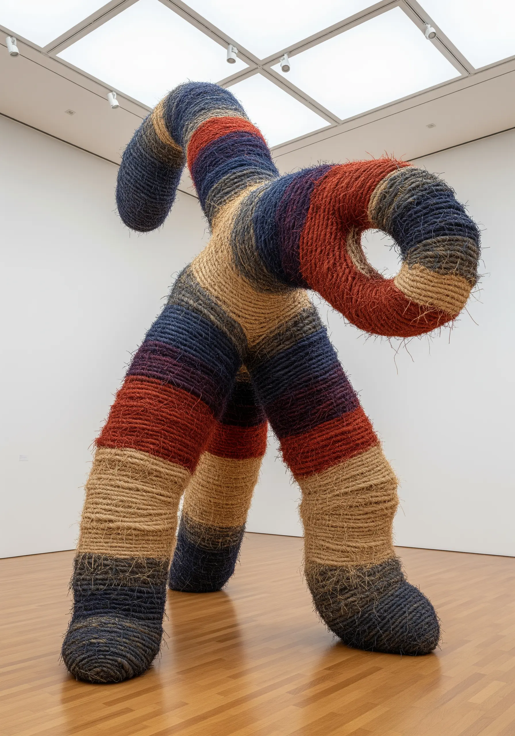 A large, abstract sculpture with organic curves, completely wrapped in colorful striped yarn.