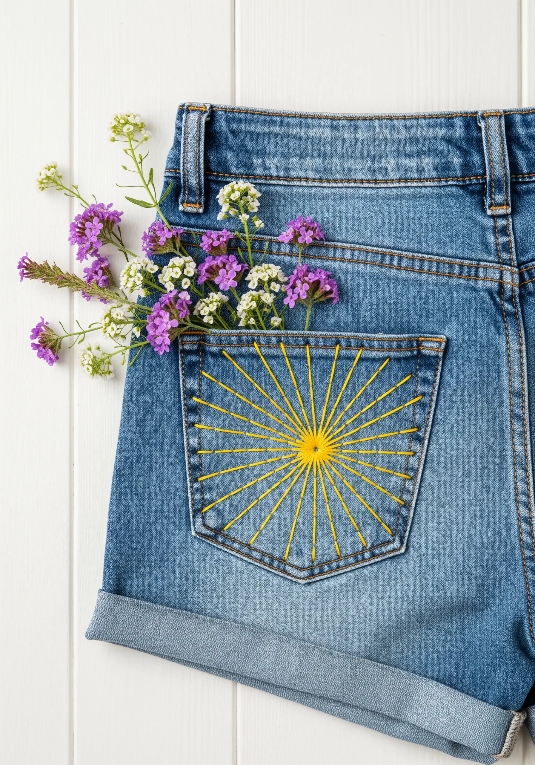 A geometric sunburst pattern embroidered in bright yellow thread on the back pocket of denim shorts.