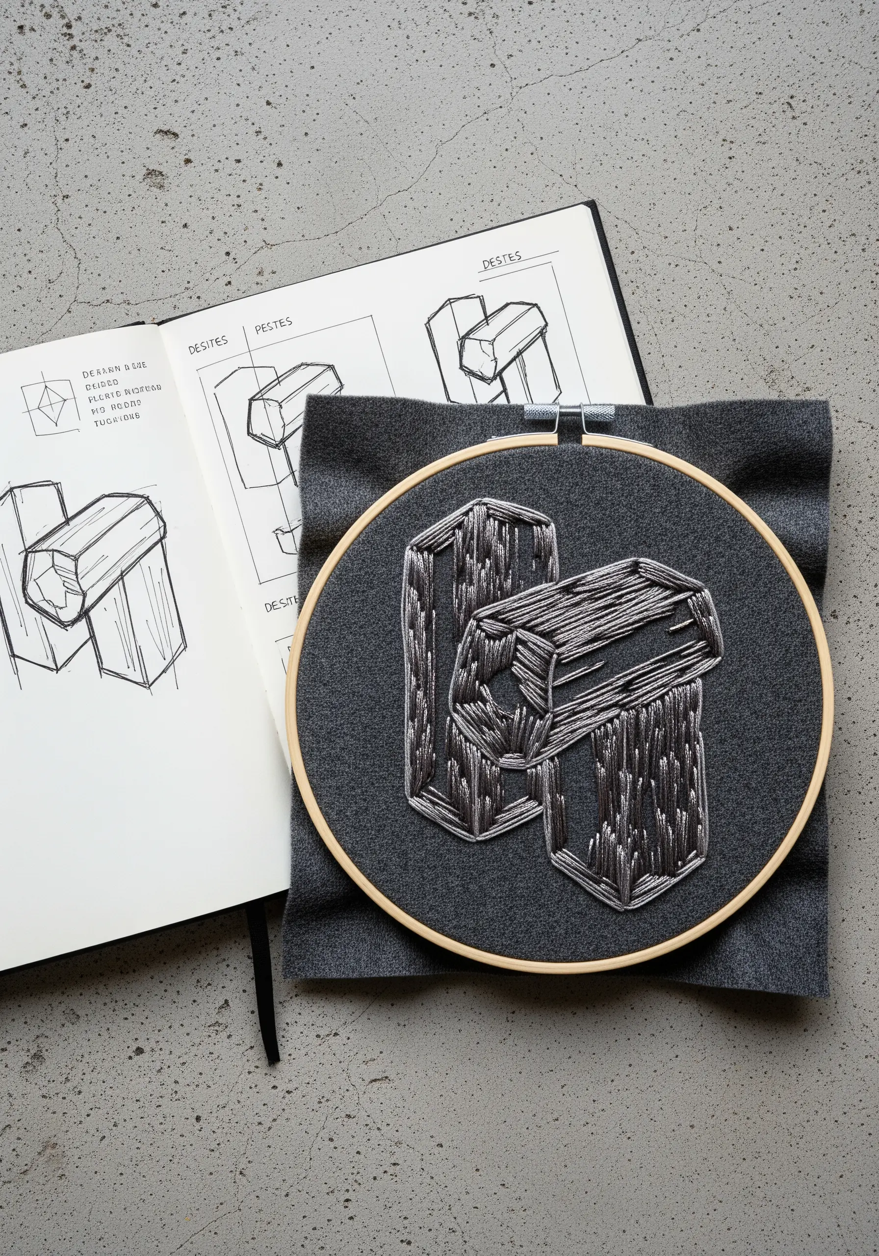Embroidery hoop showing a metallic thread interpretation of an architectural sketch.