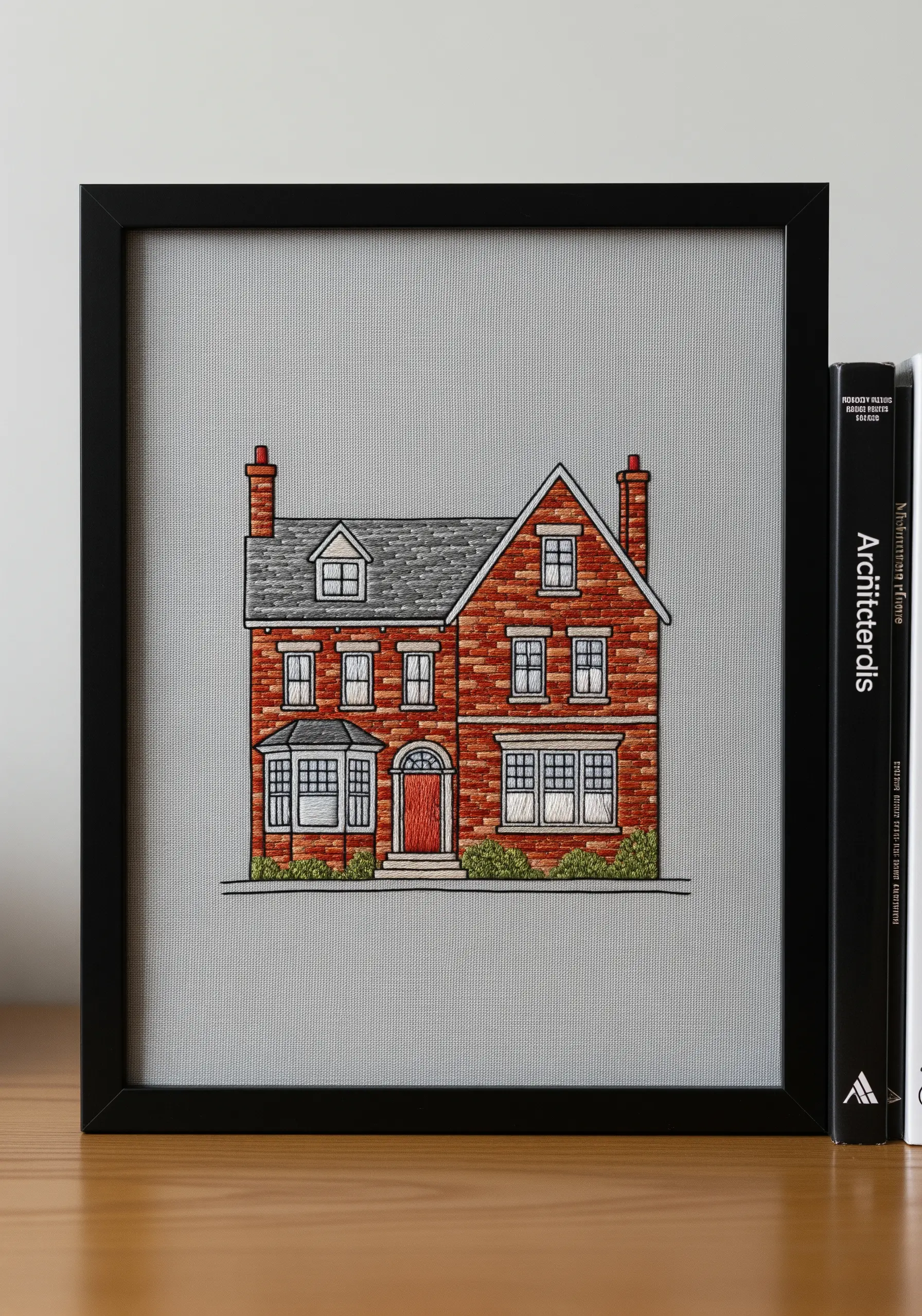 Detailed architectural embroidery of a red brick house, framed in black.