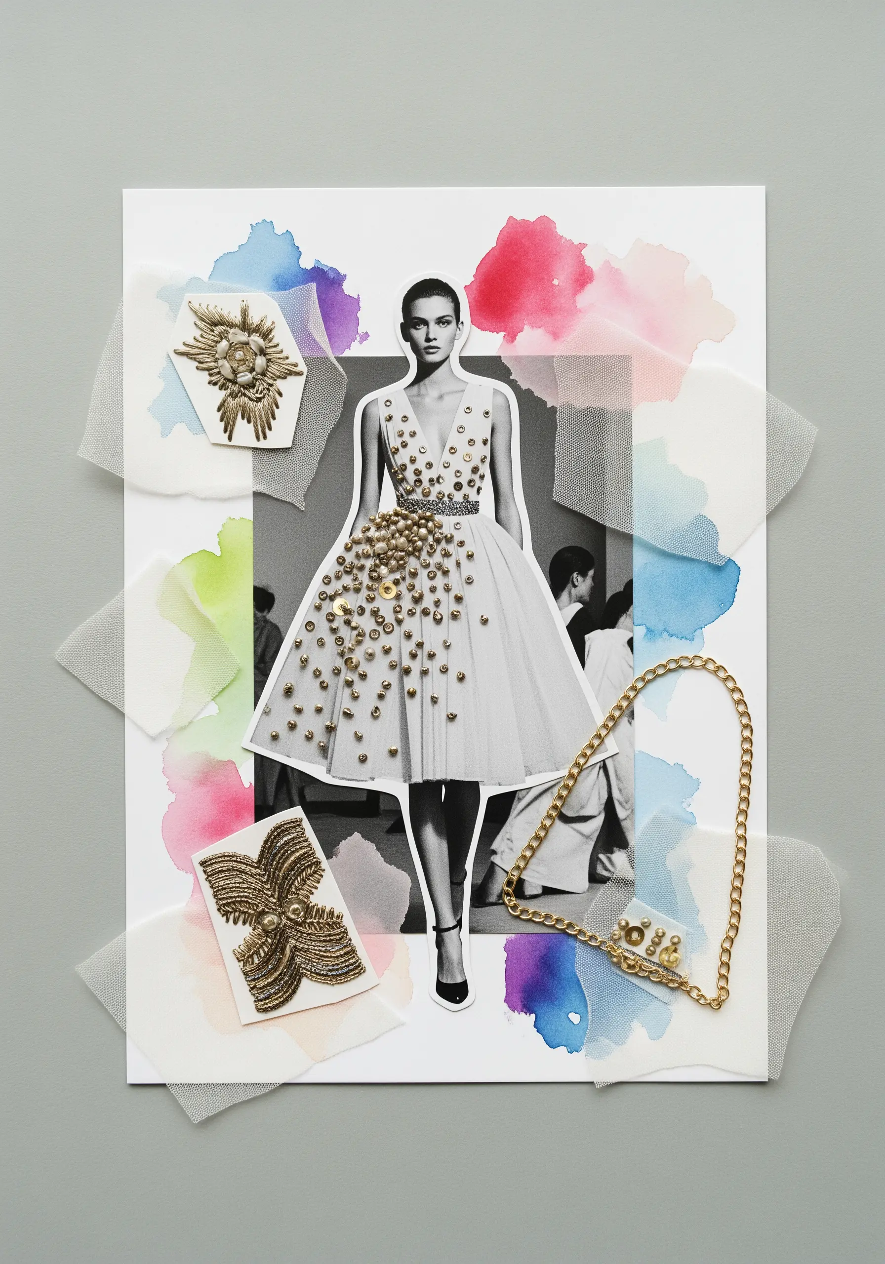 A fashion collage where a dress is embellished with gold French knots mimicking beadwork.