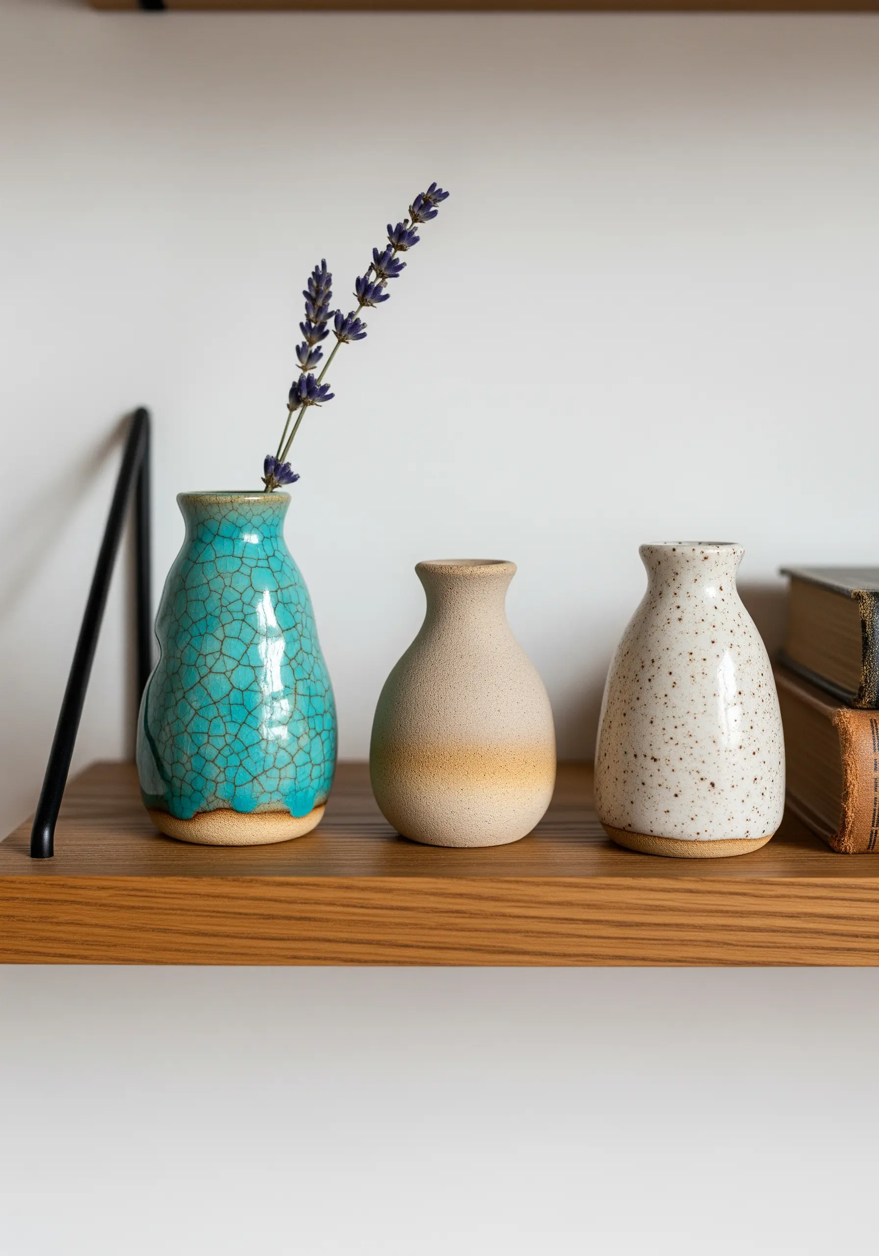 Three small, handmade ceramic vases with different glazes on a wooden shelf.