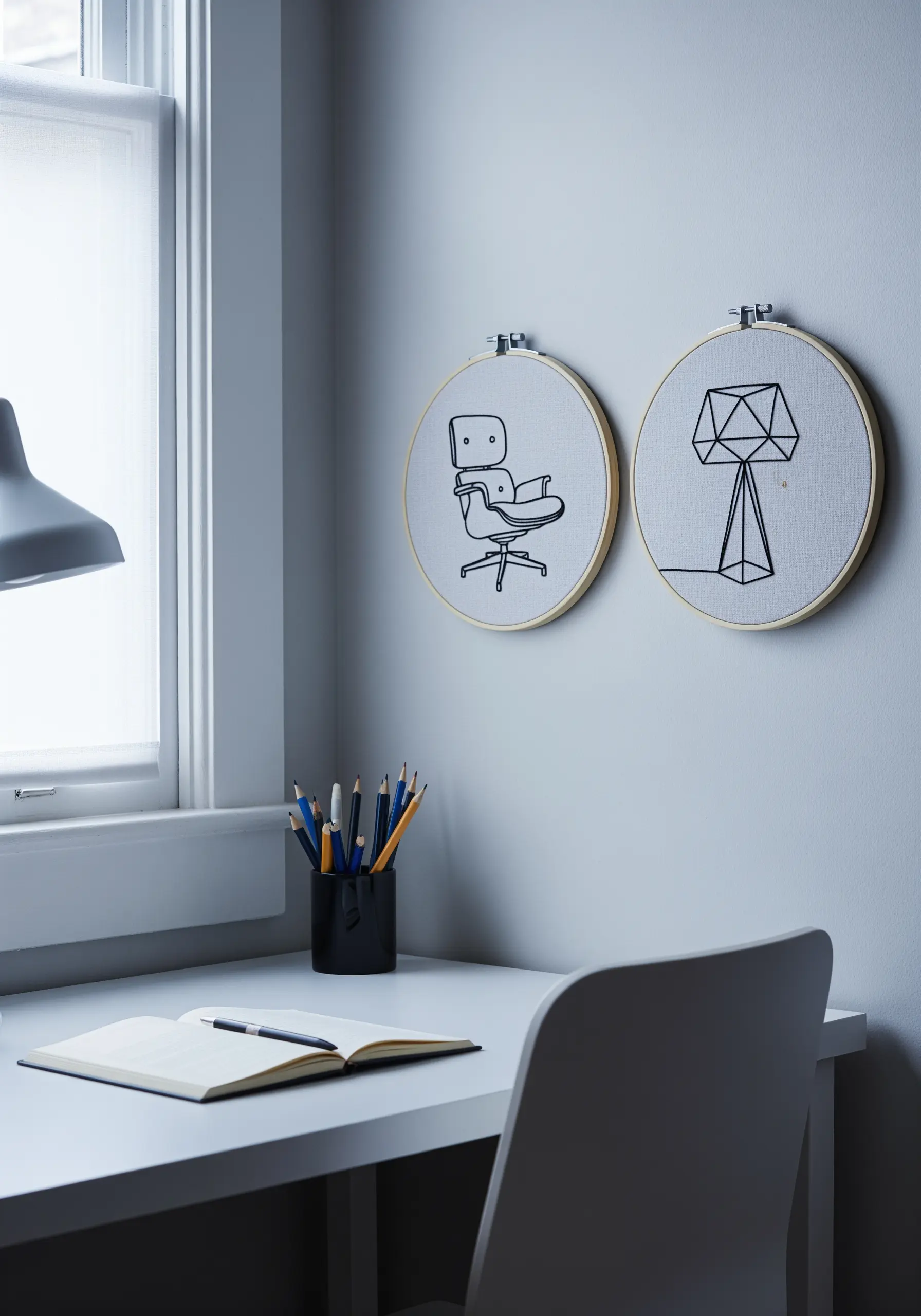 Two embroidery hoops with line art of a modern chair and a geometric lamp.