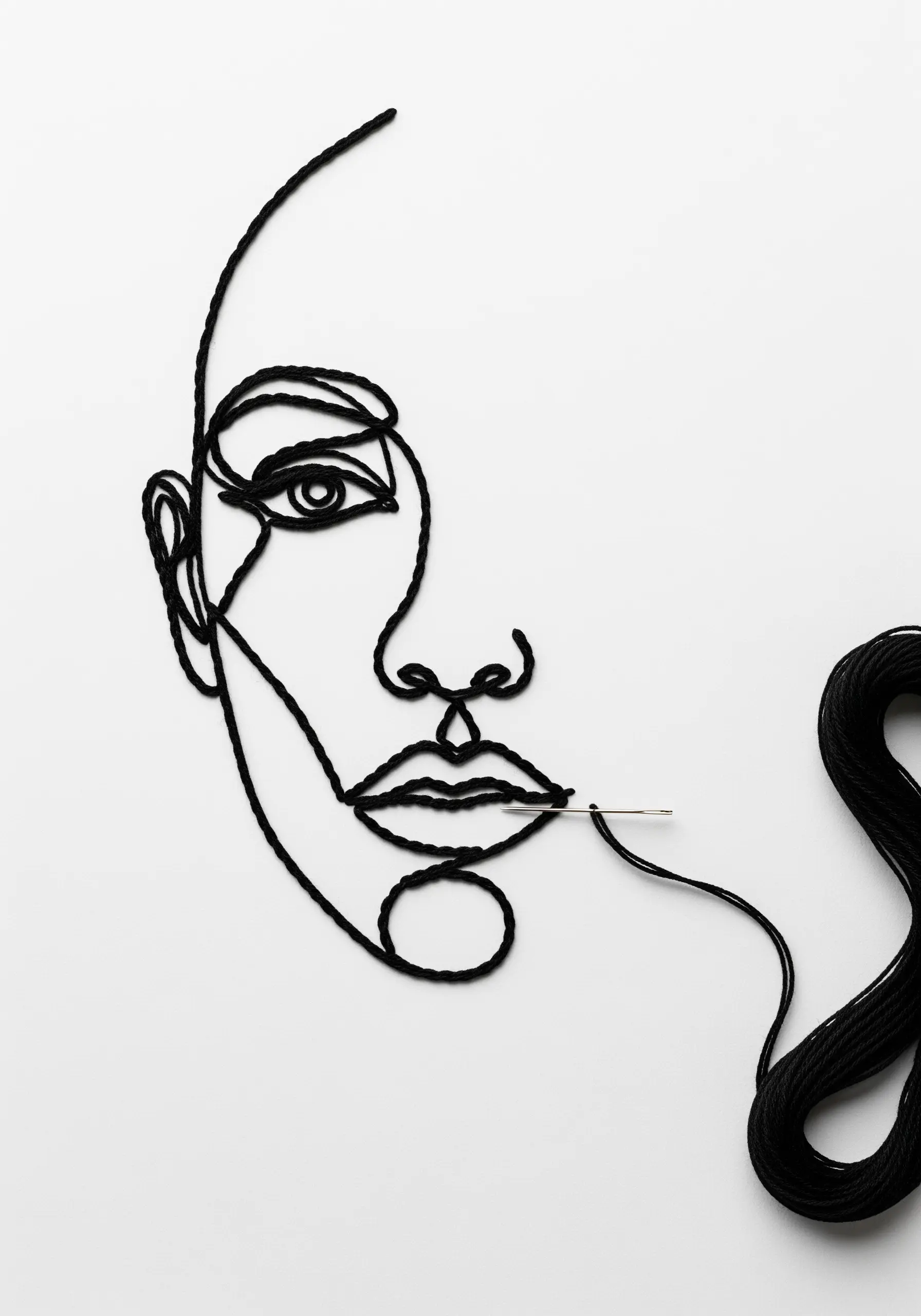 A continuous line art portrait created by couching black cord onto white paper.