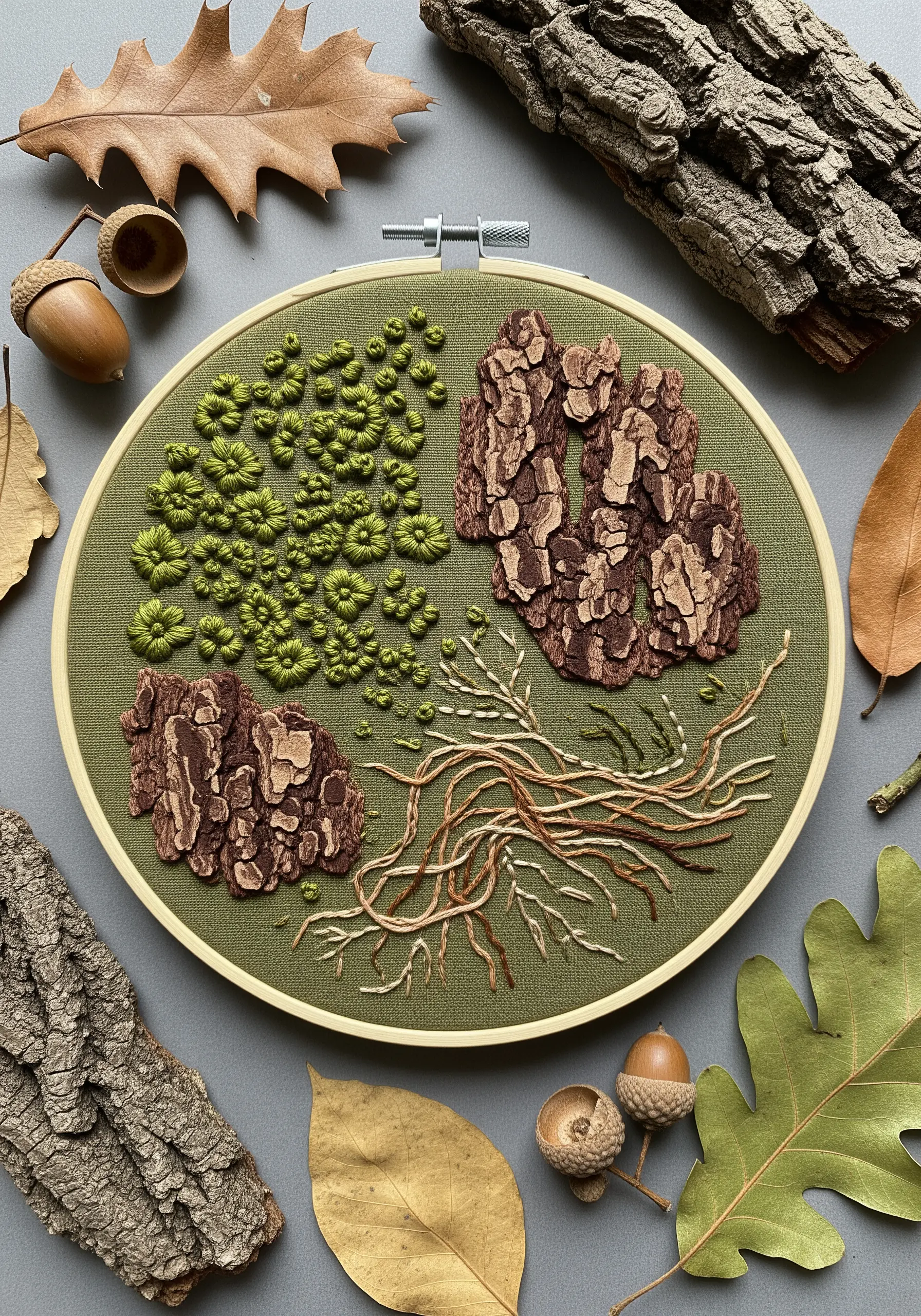 An embroidery hoop showcasing different natural textures: tree bark appliqué and French knot moss.
