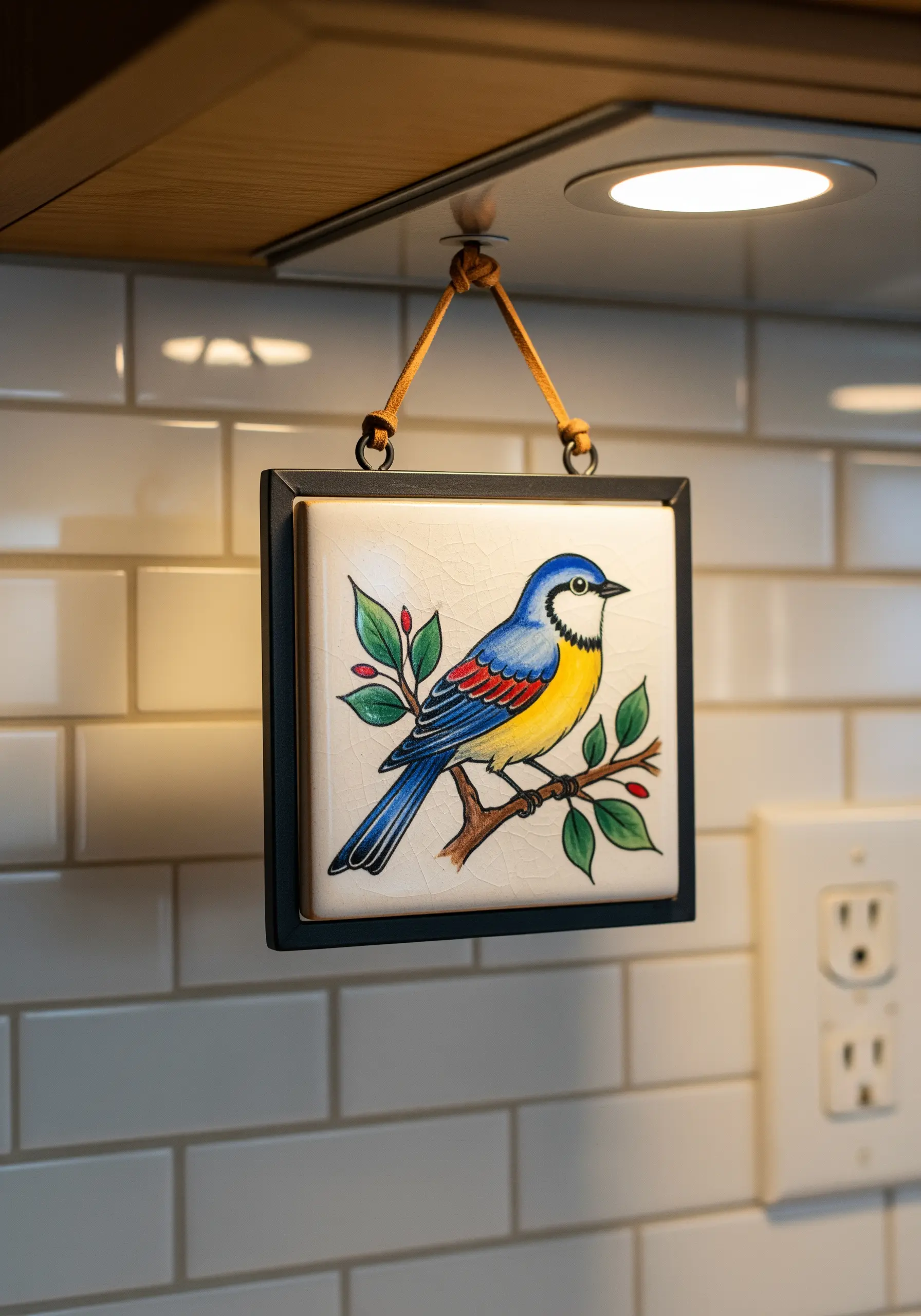 A hand-painted ceramic tile of a colorful bird on a branch, serving as inspiration.