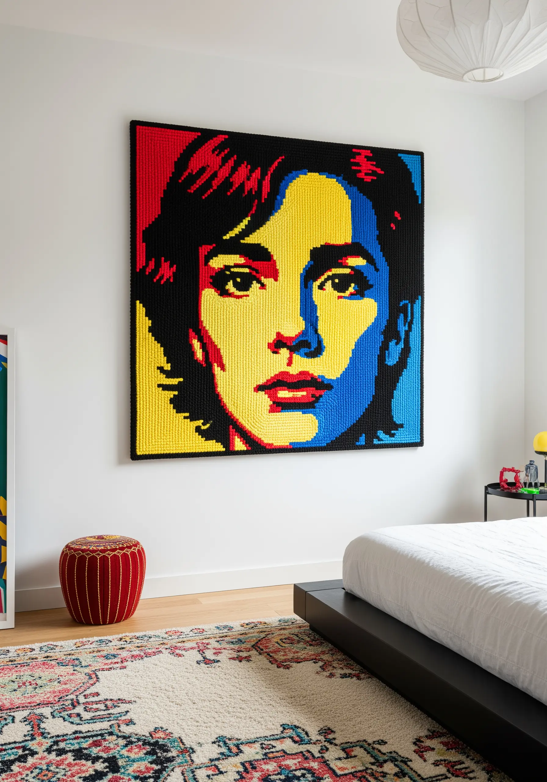 A large, graphic pop-art style embroidered portrait using blocks of red, yellow, blue, and black.