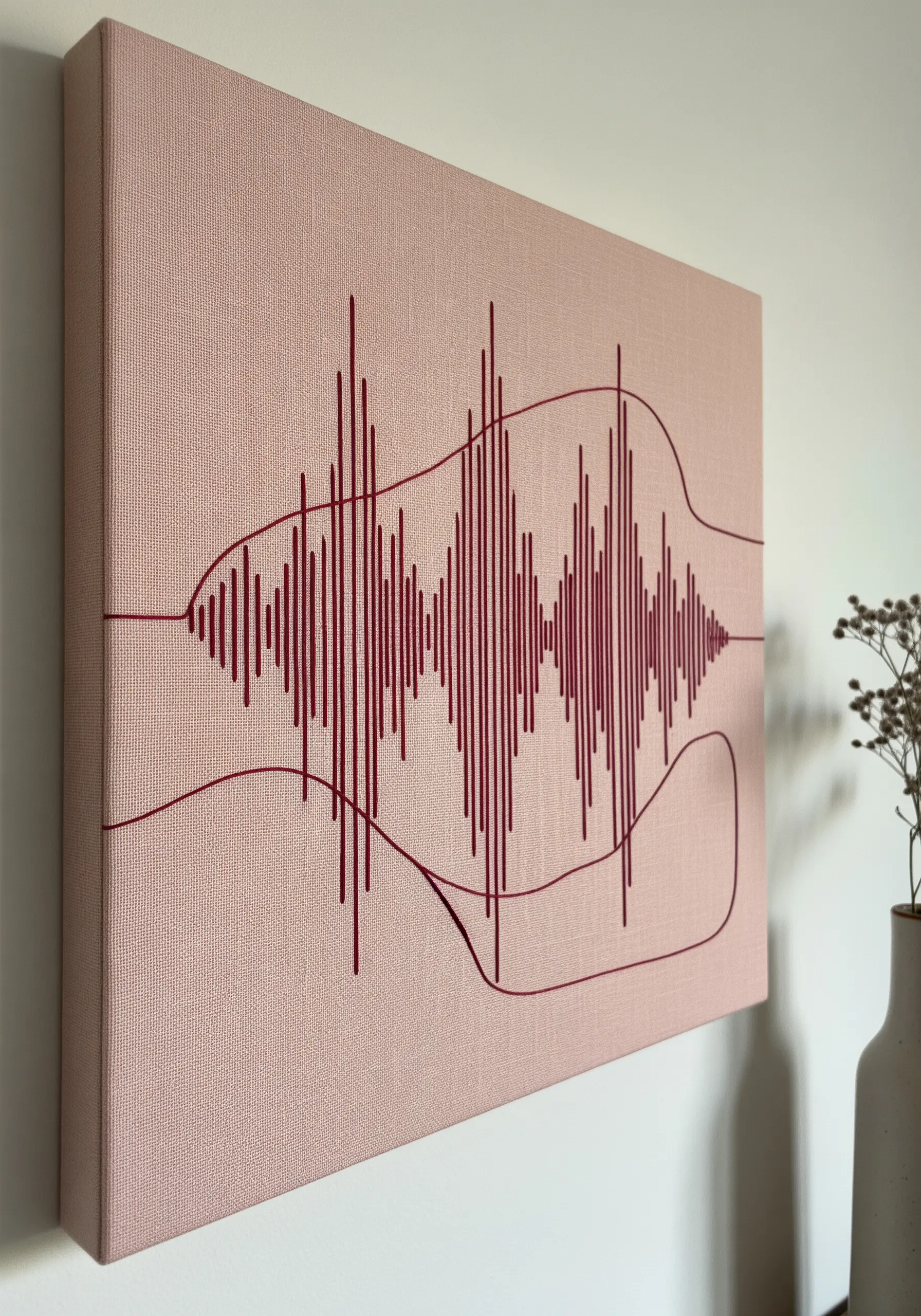 An embroidered soundwave in deep red thread on a stretched pink linen canvas.