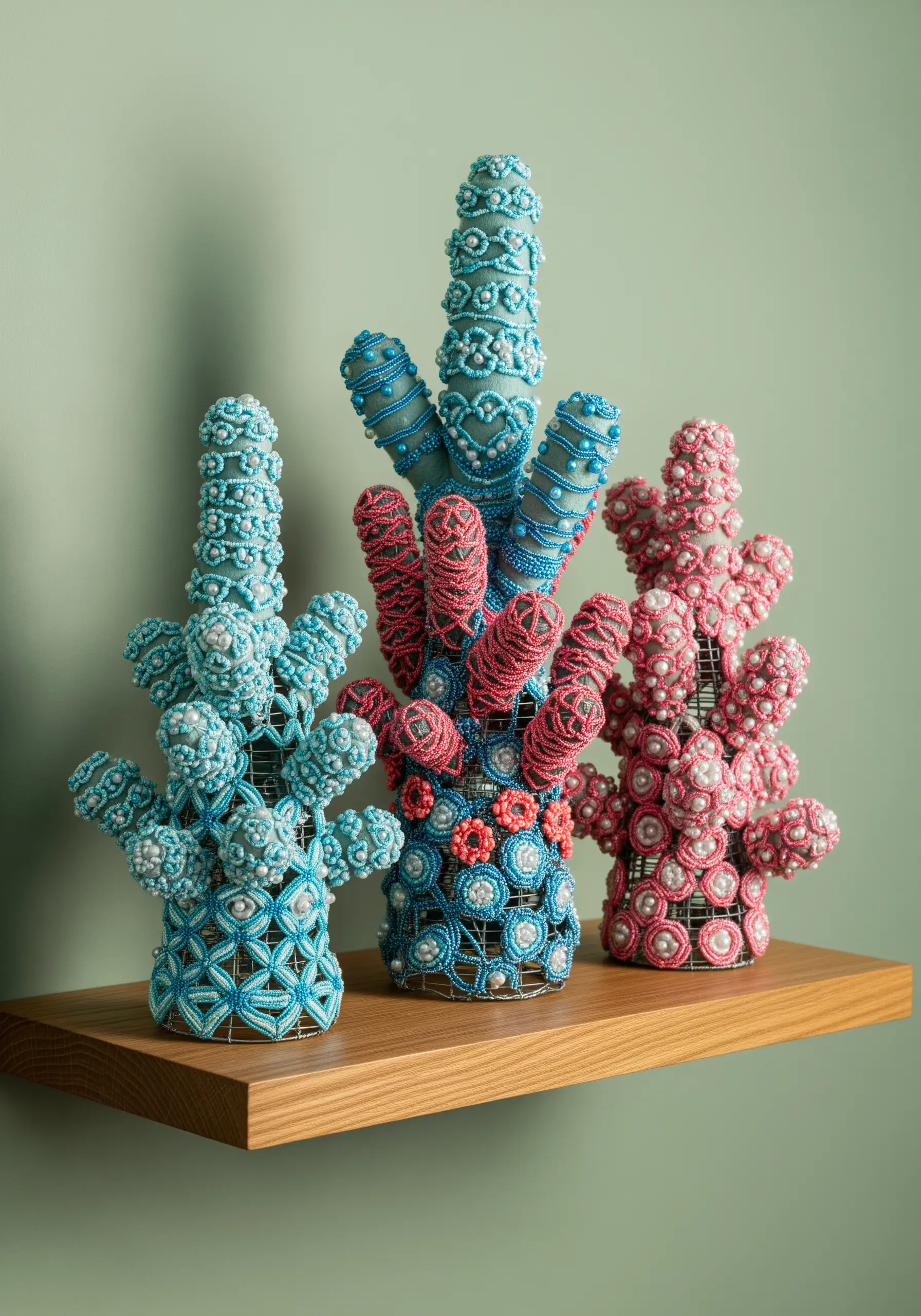 Three-dimensional sculptures on a shelf, covered in intricate blue, pink, and white beadwork.