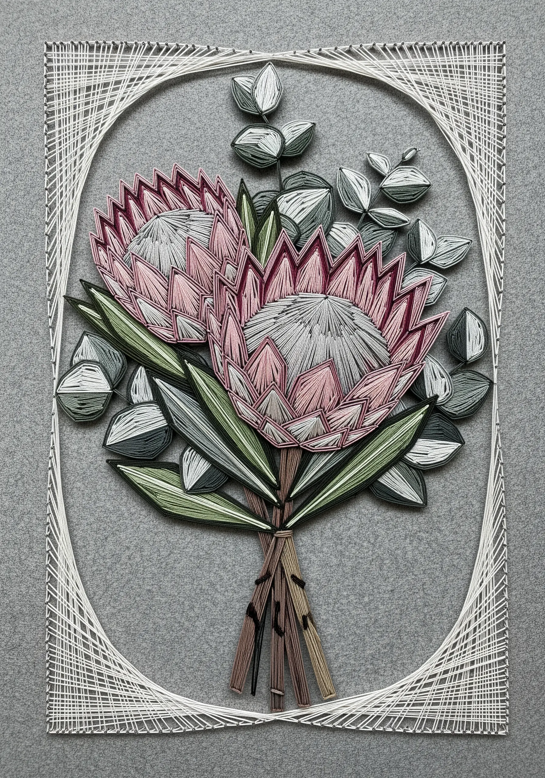 A modern, string art-style embroidery of pink protea and eucalyptus leaves on gray fabric.