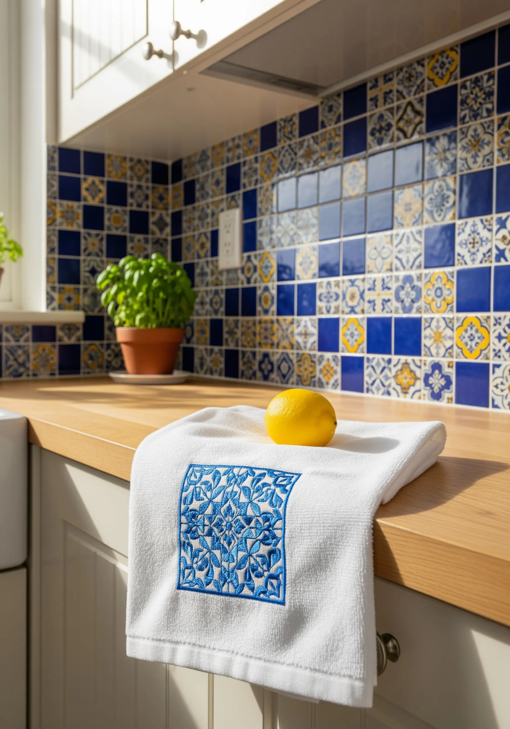 An intricate blue and white floral pattern, like a Portuguese tile, embroidered on a white towel.