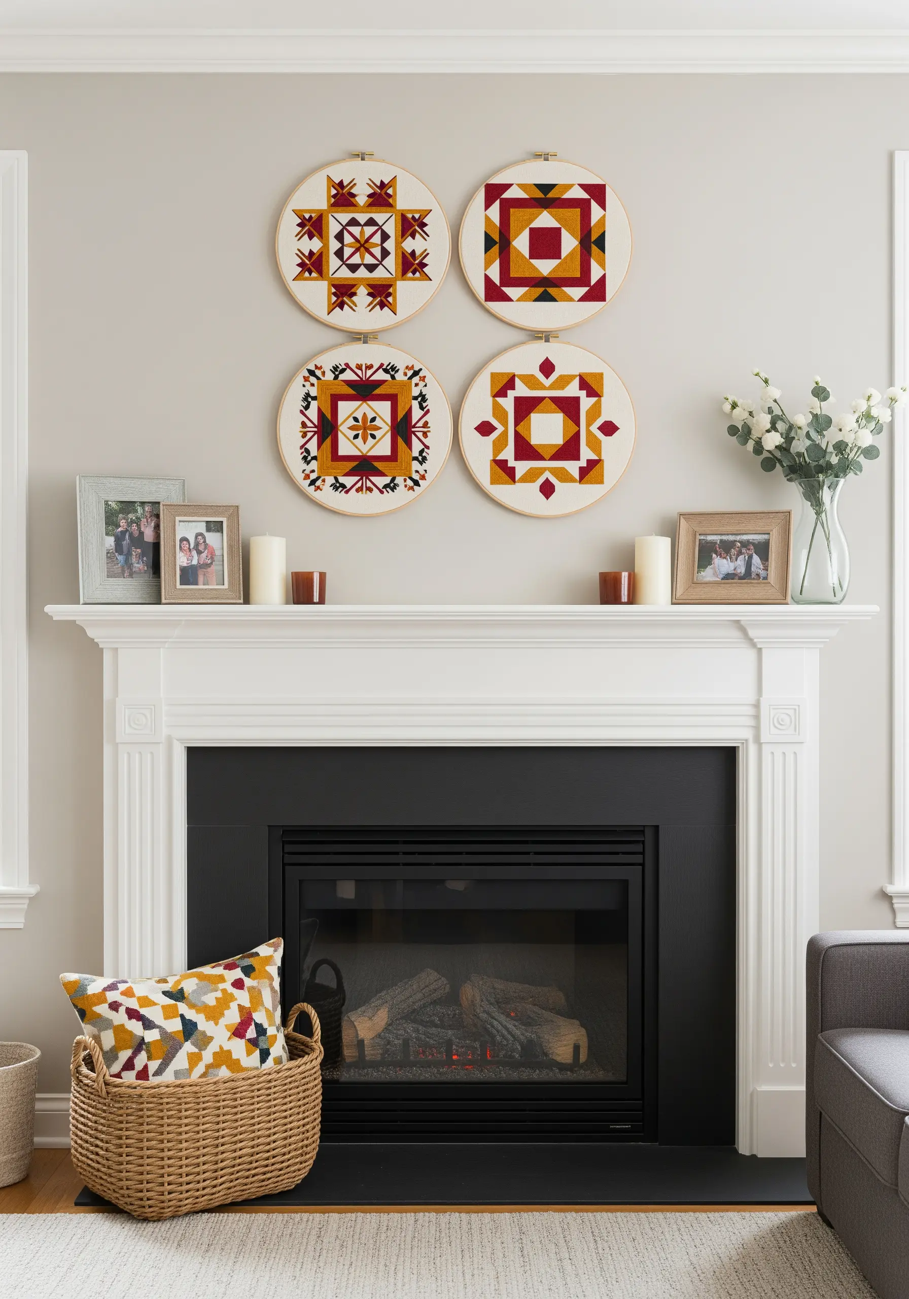 Four embroidery hoops with geometric quilt block patterns in red, yellow, and brown.