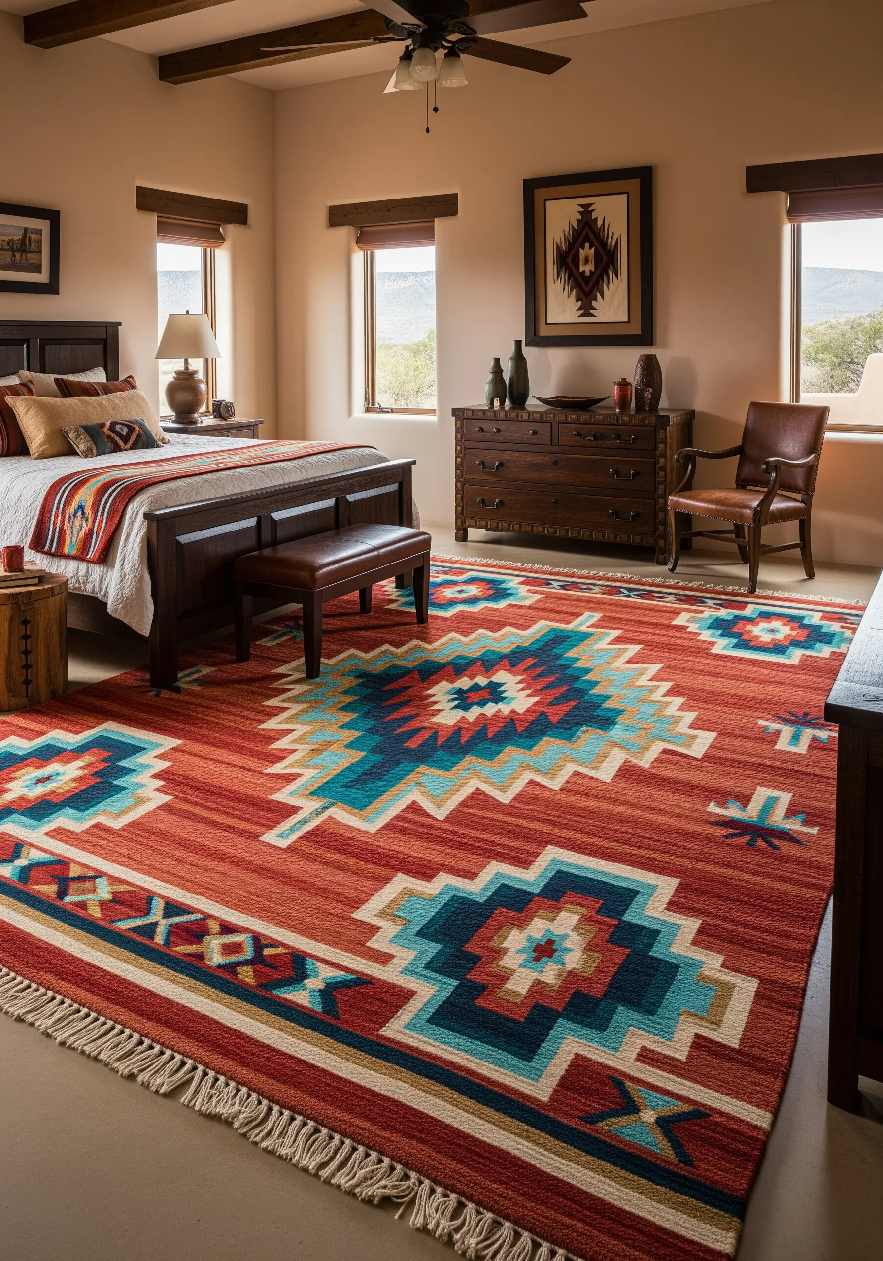 A large Southwestern-style rug with bold geometric patterns in red, turquoise, and cream.