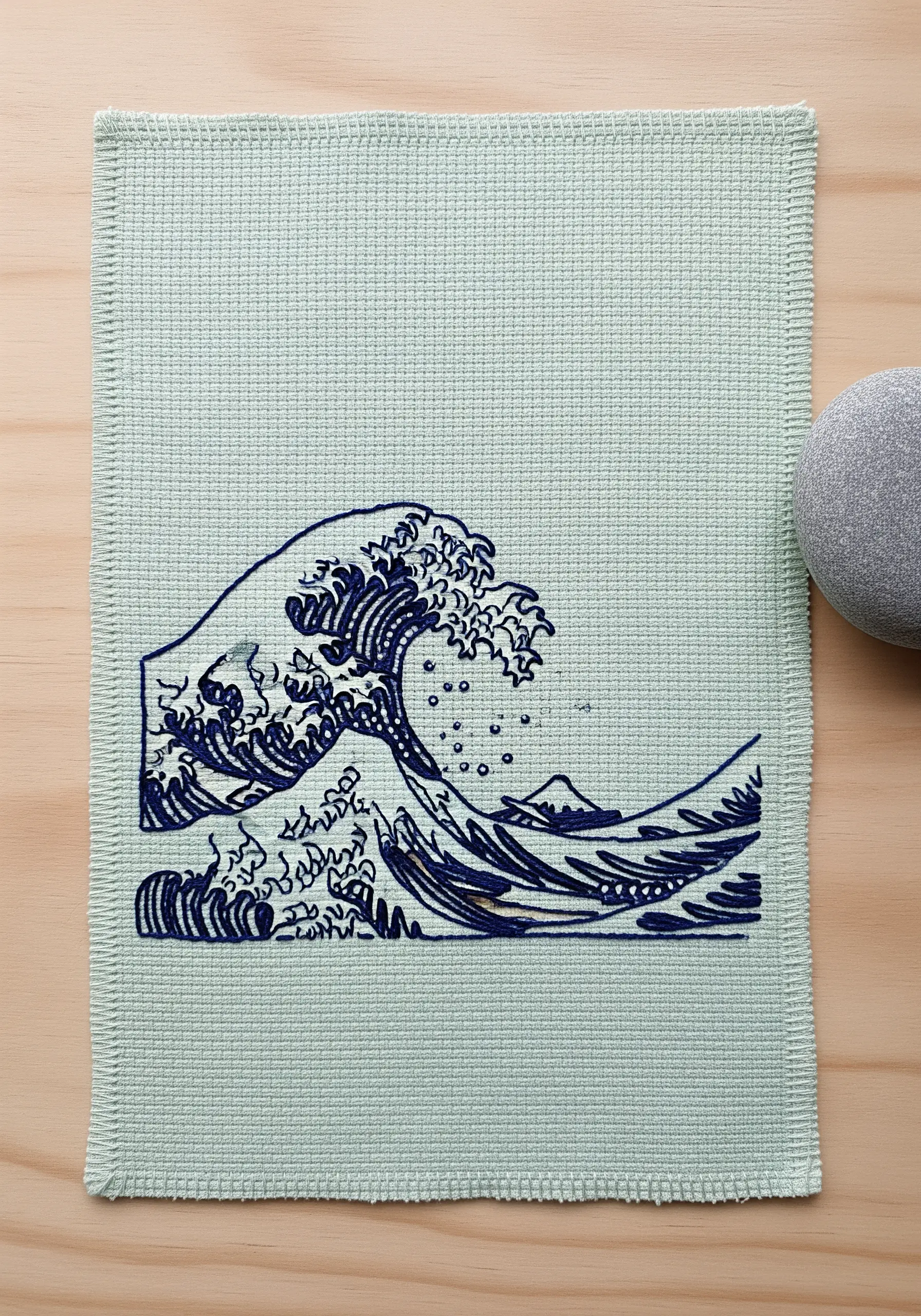 An embroidered version of 'The Great Wave' in dark blue thread on light green fabric.
