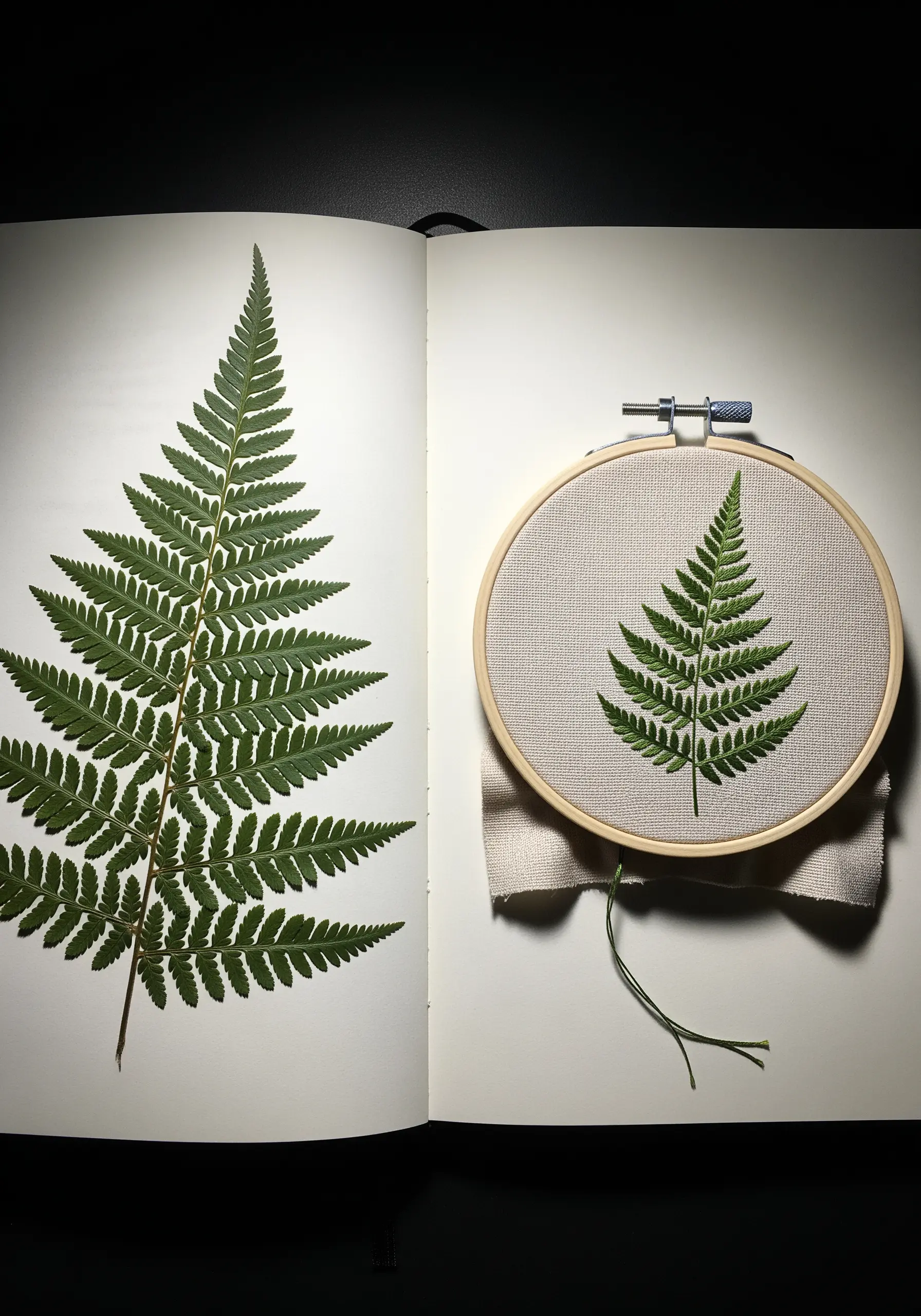 A real pressed fern leaf next to its embroidered counterpart in a hoop.