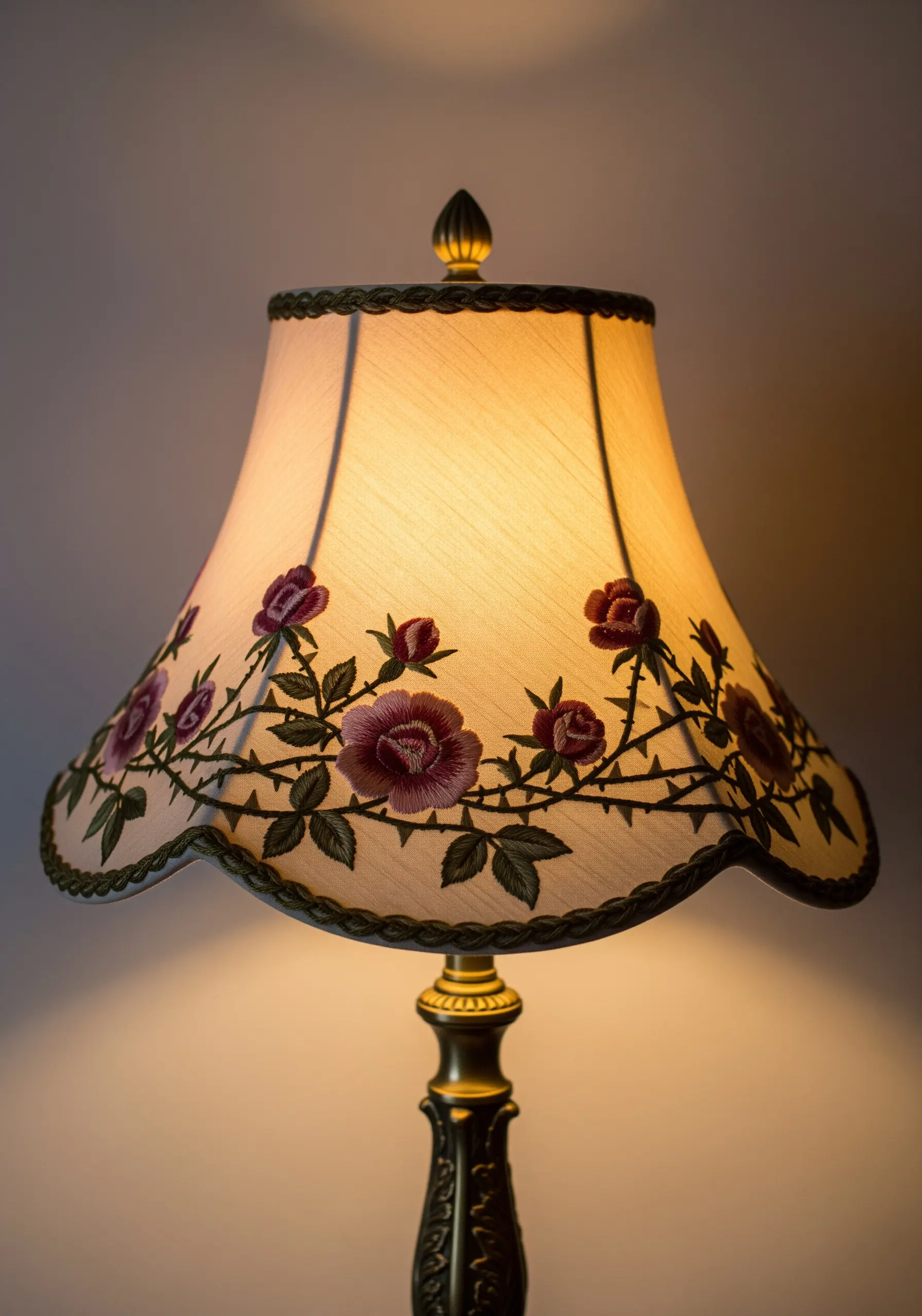 A fabric lampshade with an embroidered climbing rose vine along its scalloped edge.