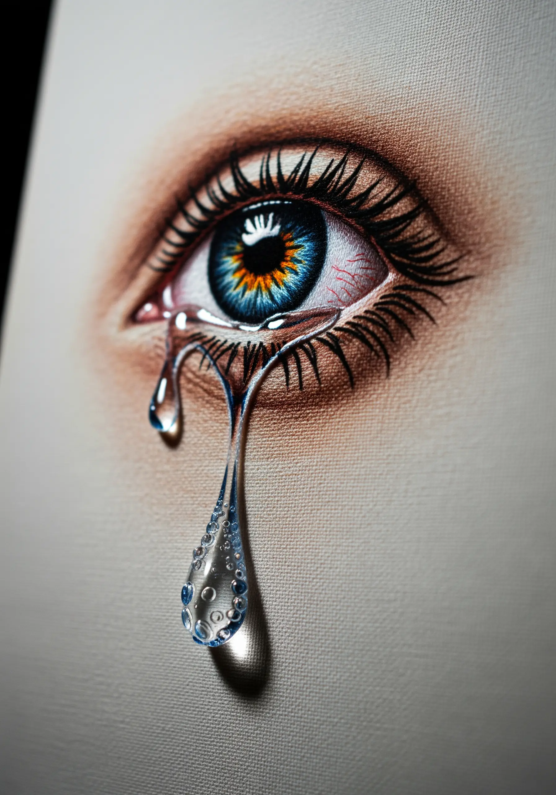 Hyper-realistic embroidery of a blue eye with a tear made of thread and clear beads.