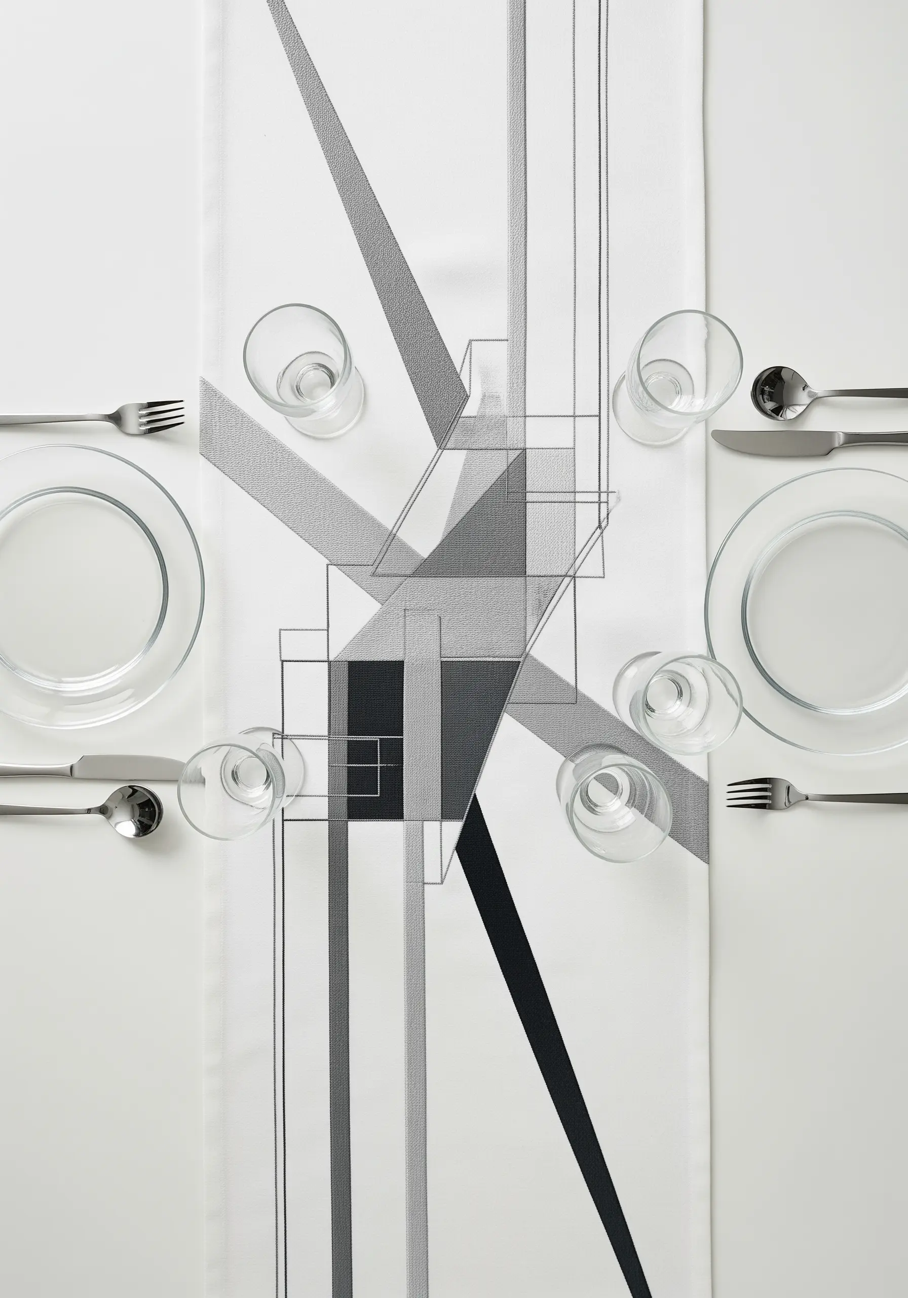 Abstract geometric design on a table runner using different shades of grey and stitch densities