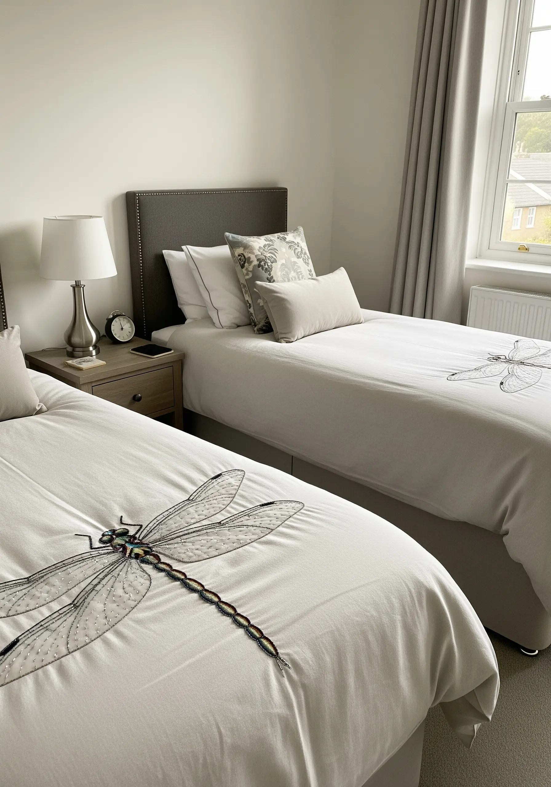 A large, detailed dragonfly with translucent, shimmering wings embroidered on white bedding.