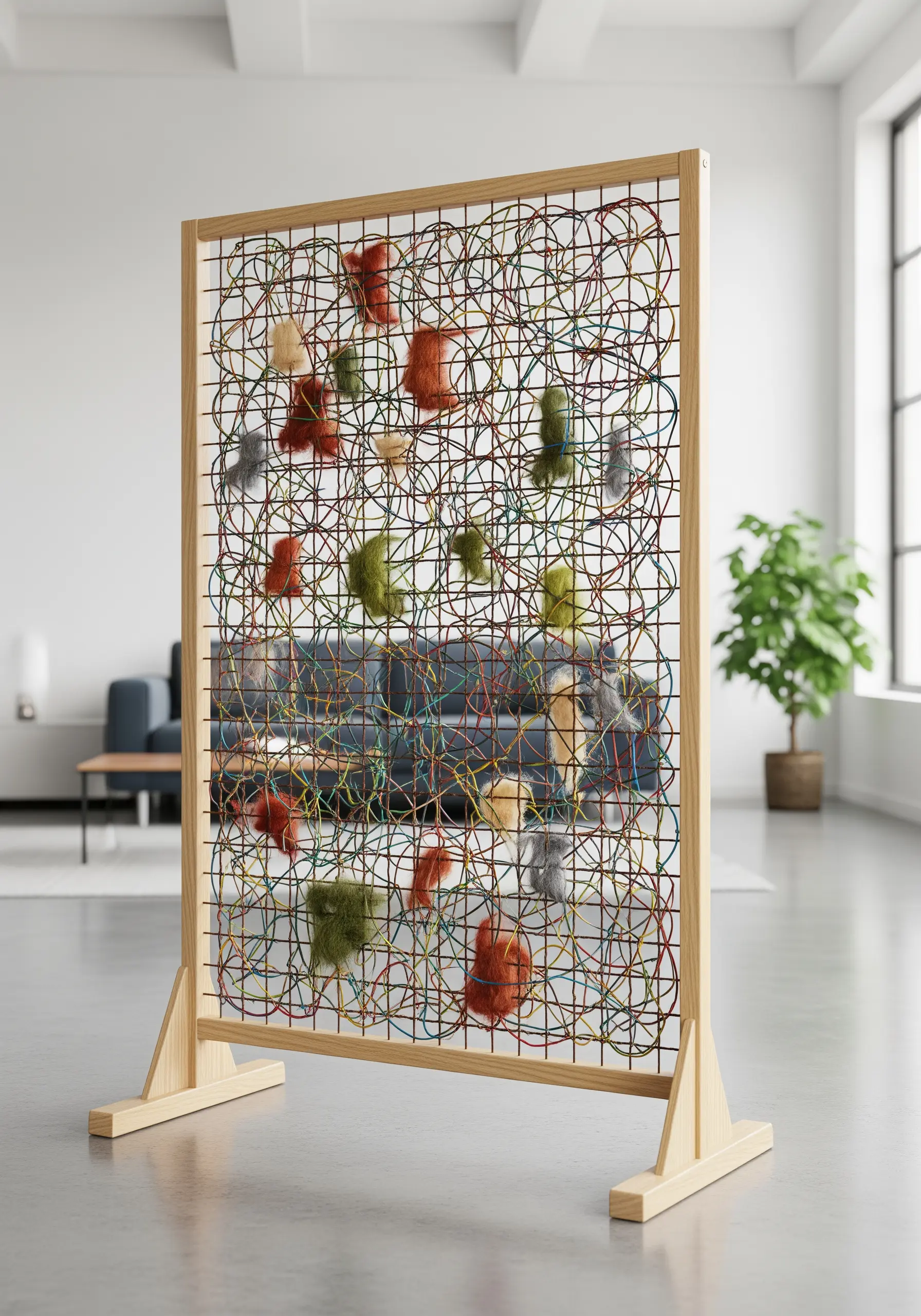 Wooden screen divider with wire mesh and colorful felt tufts