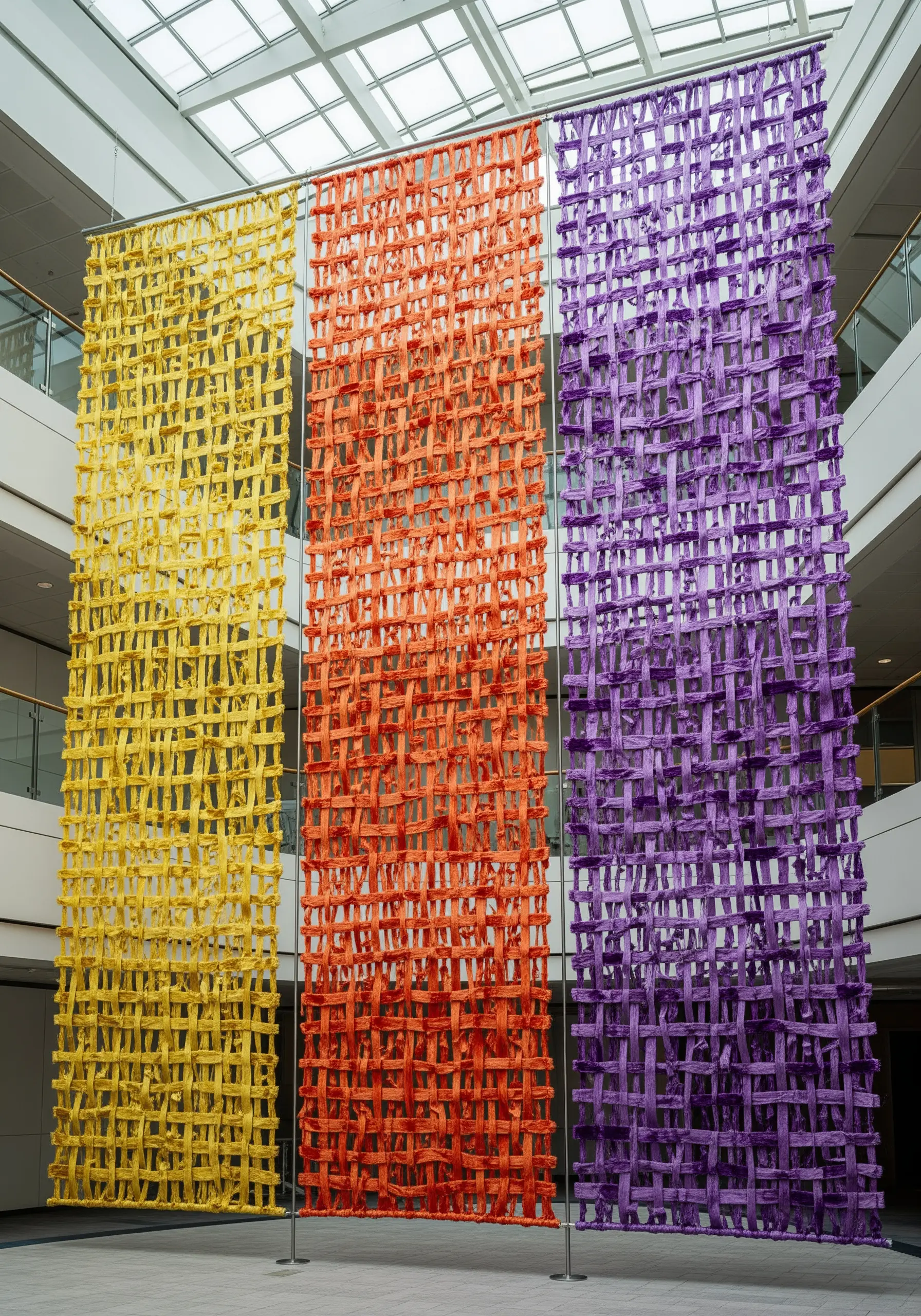 Three large open-weave hanging panels in yellow, orange, and purple