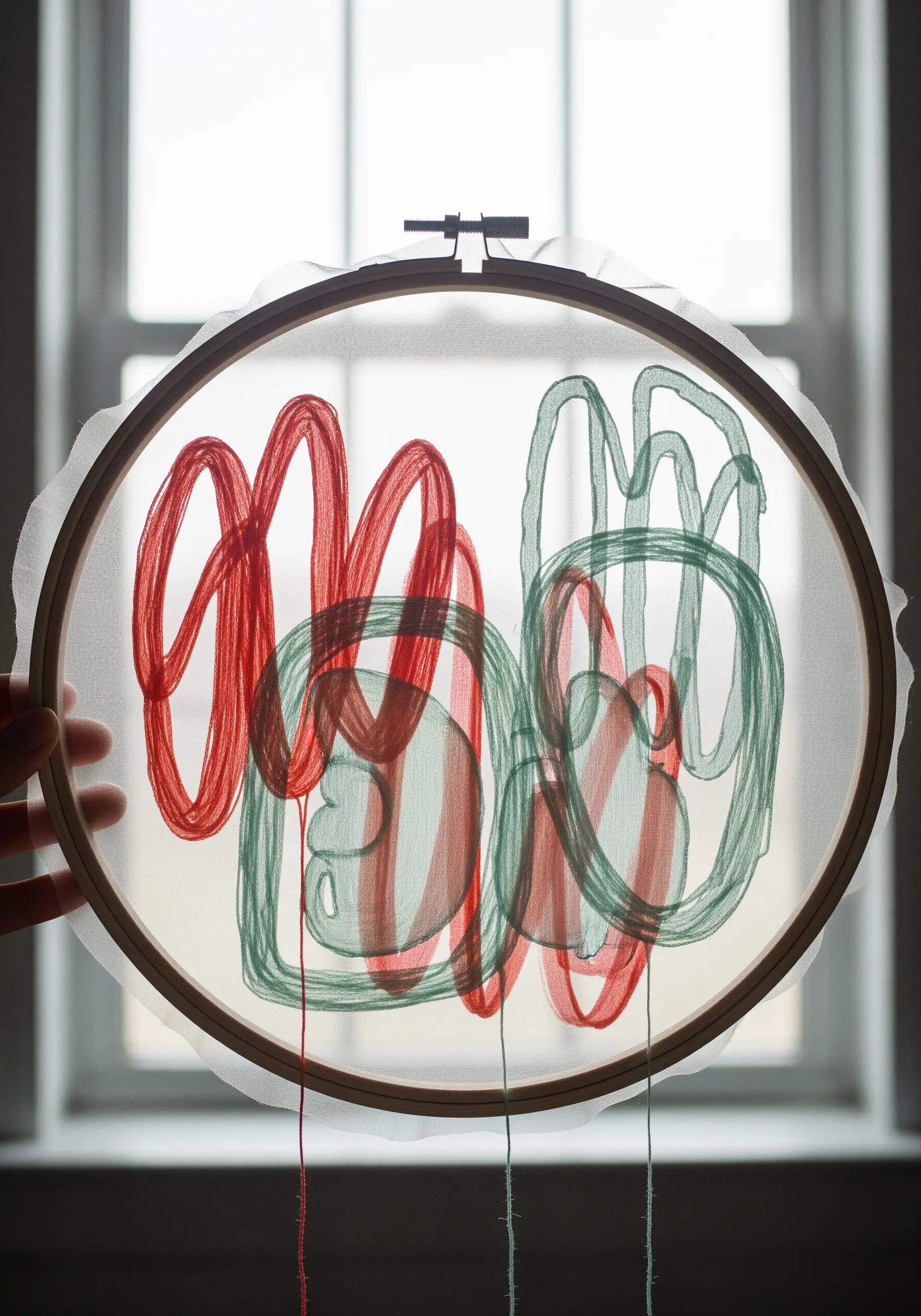 Abstract red and green loops embroidered on sheer organza fabric