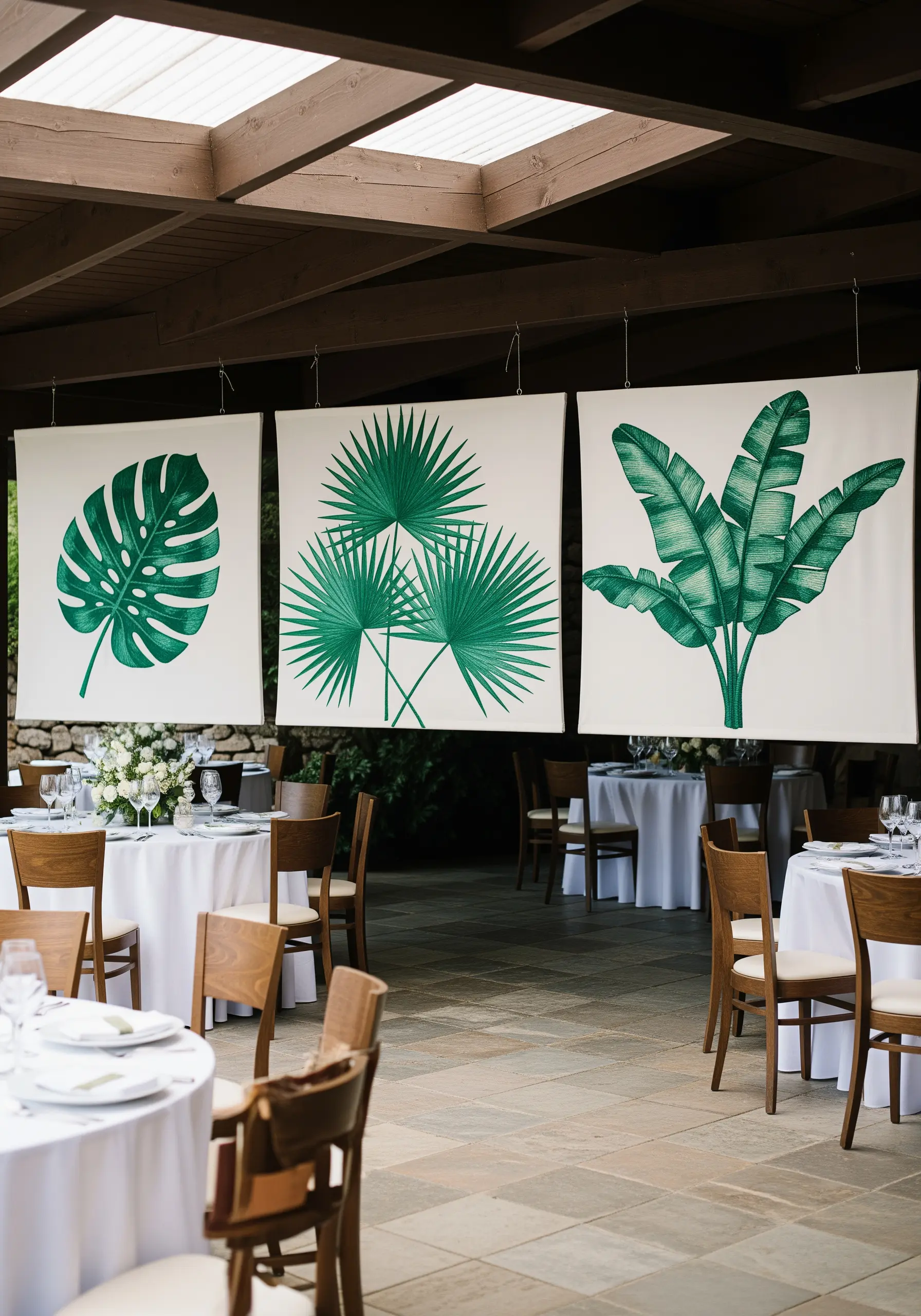 Three hanging fabric panels, each featuring a large, embroidered tropical leaf.