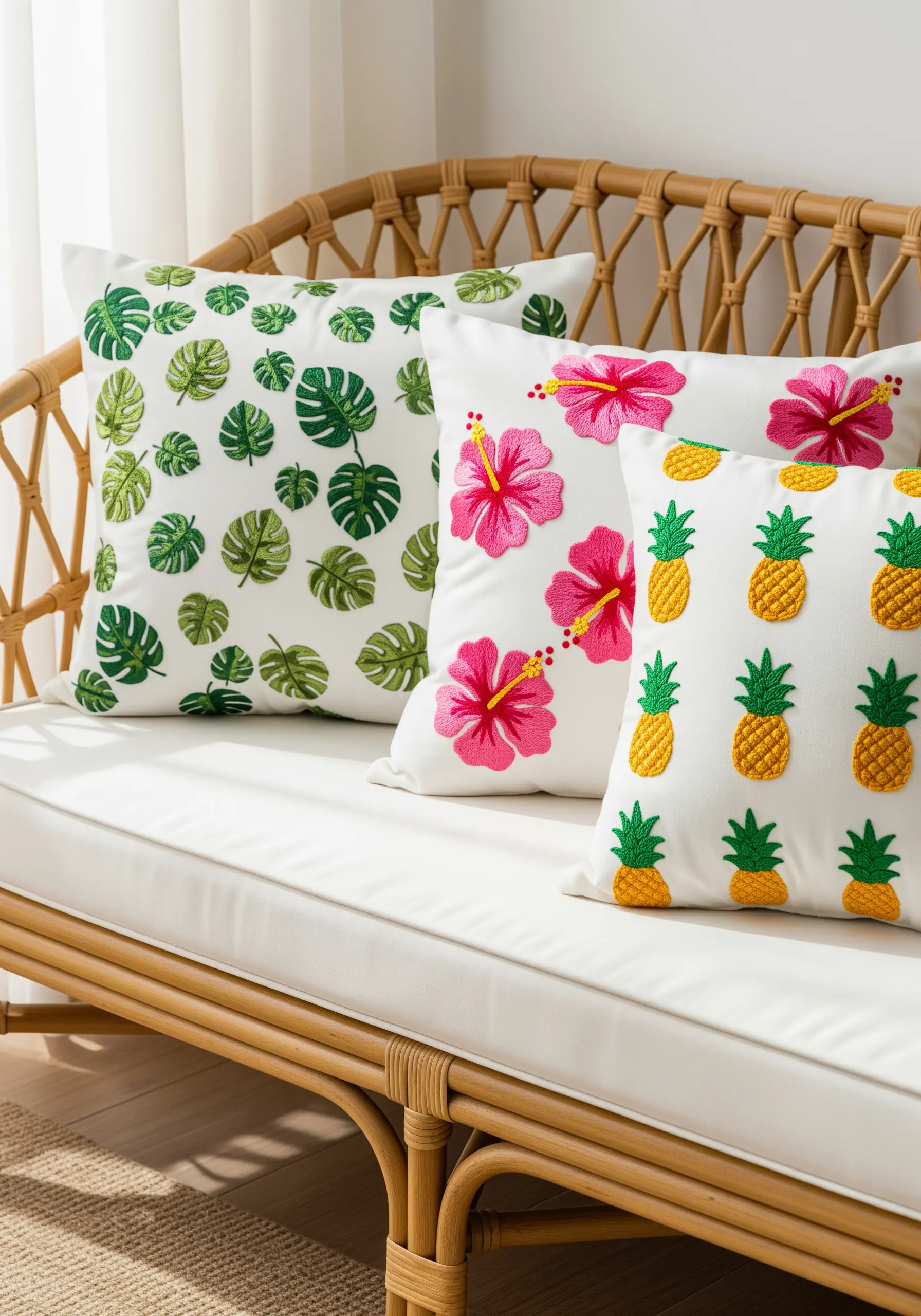 Tropical embroidery: monstera leaves, pink hibiscus flowers, and yellow pineapples on white pillows.