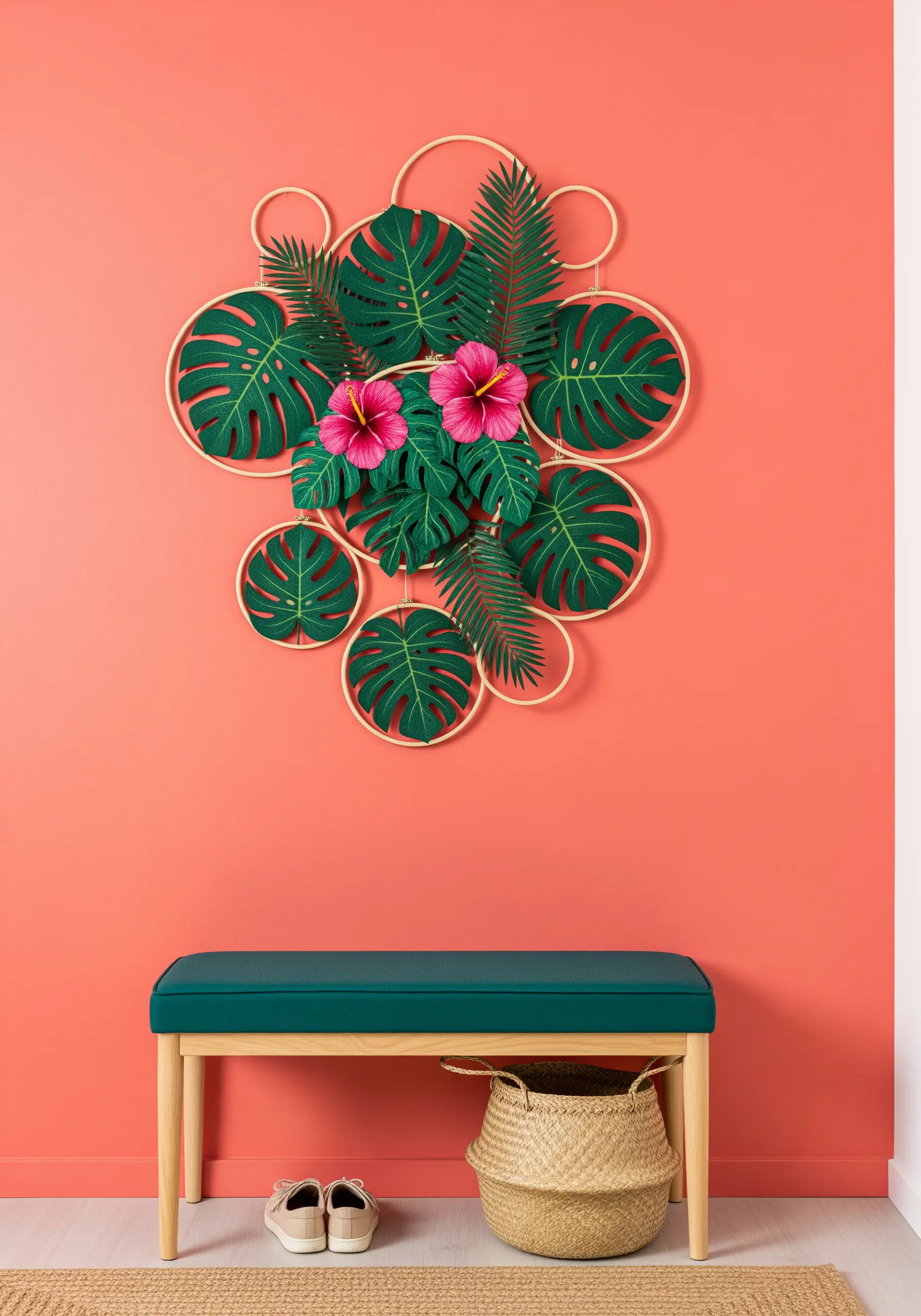 A vibrant wall display of tropical leaves made from felt and other materials inside embroidery hoops.