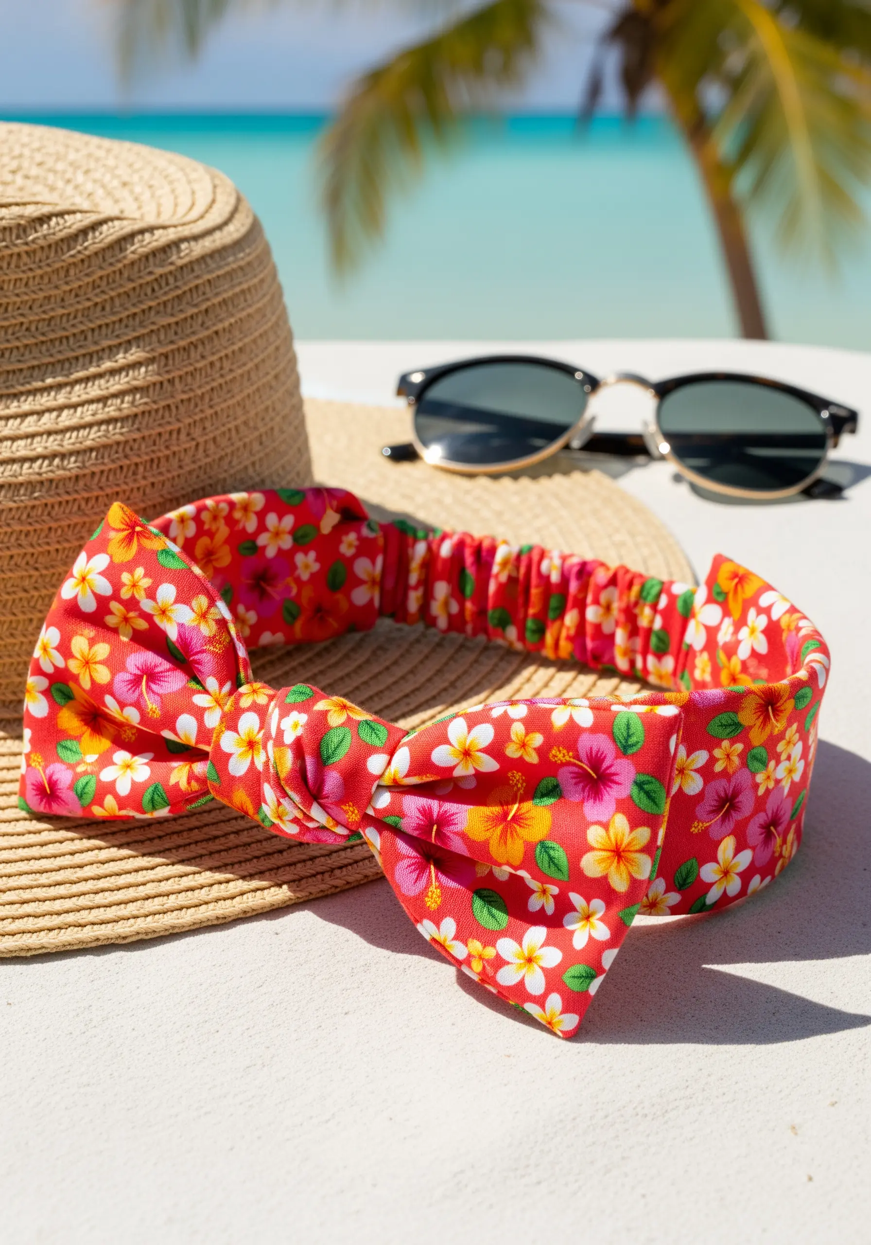 Red tropical floral embroidery on headband