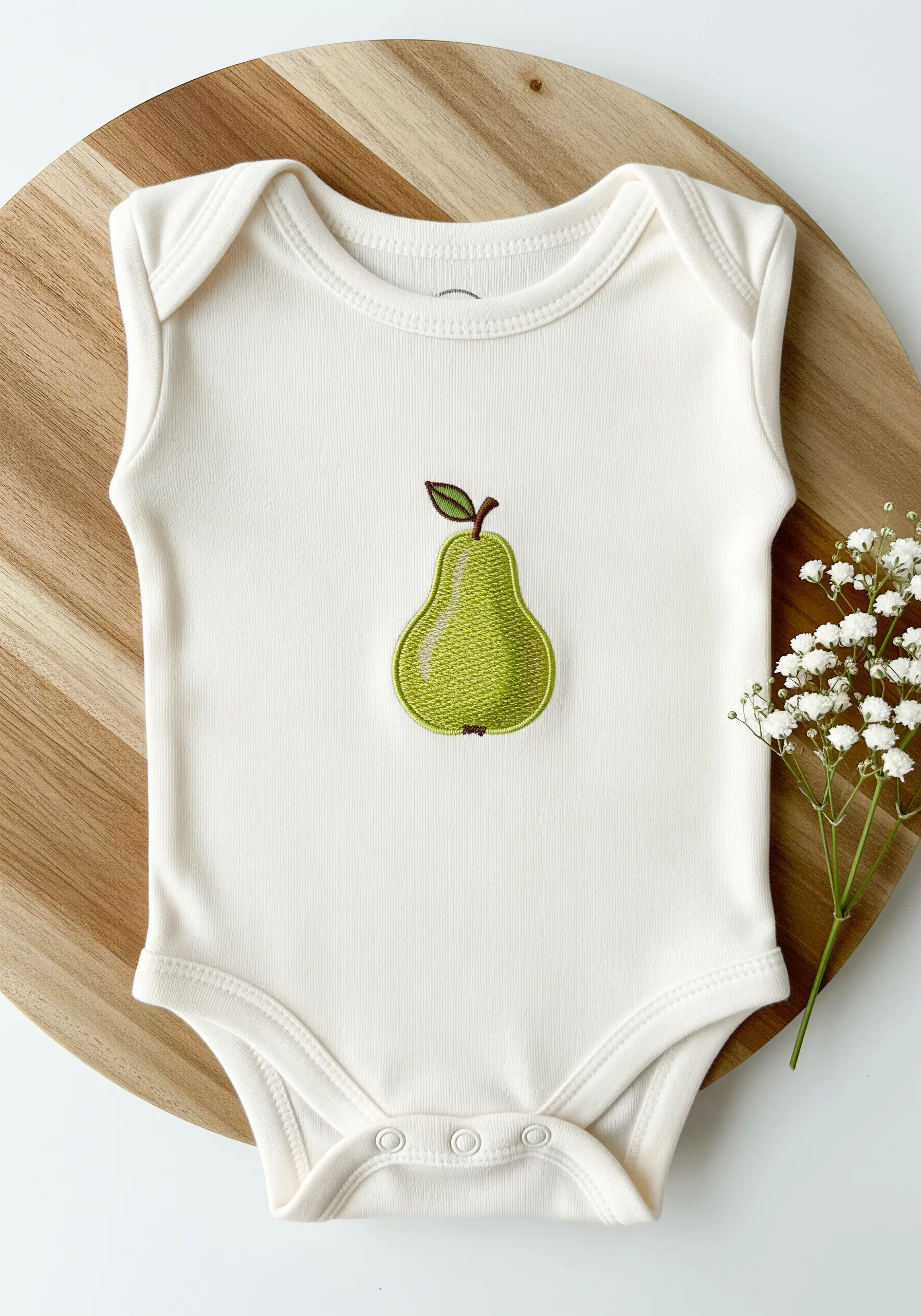 A green pear embroidered on a bodysuit with subtle color blending and a dark outline.