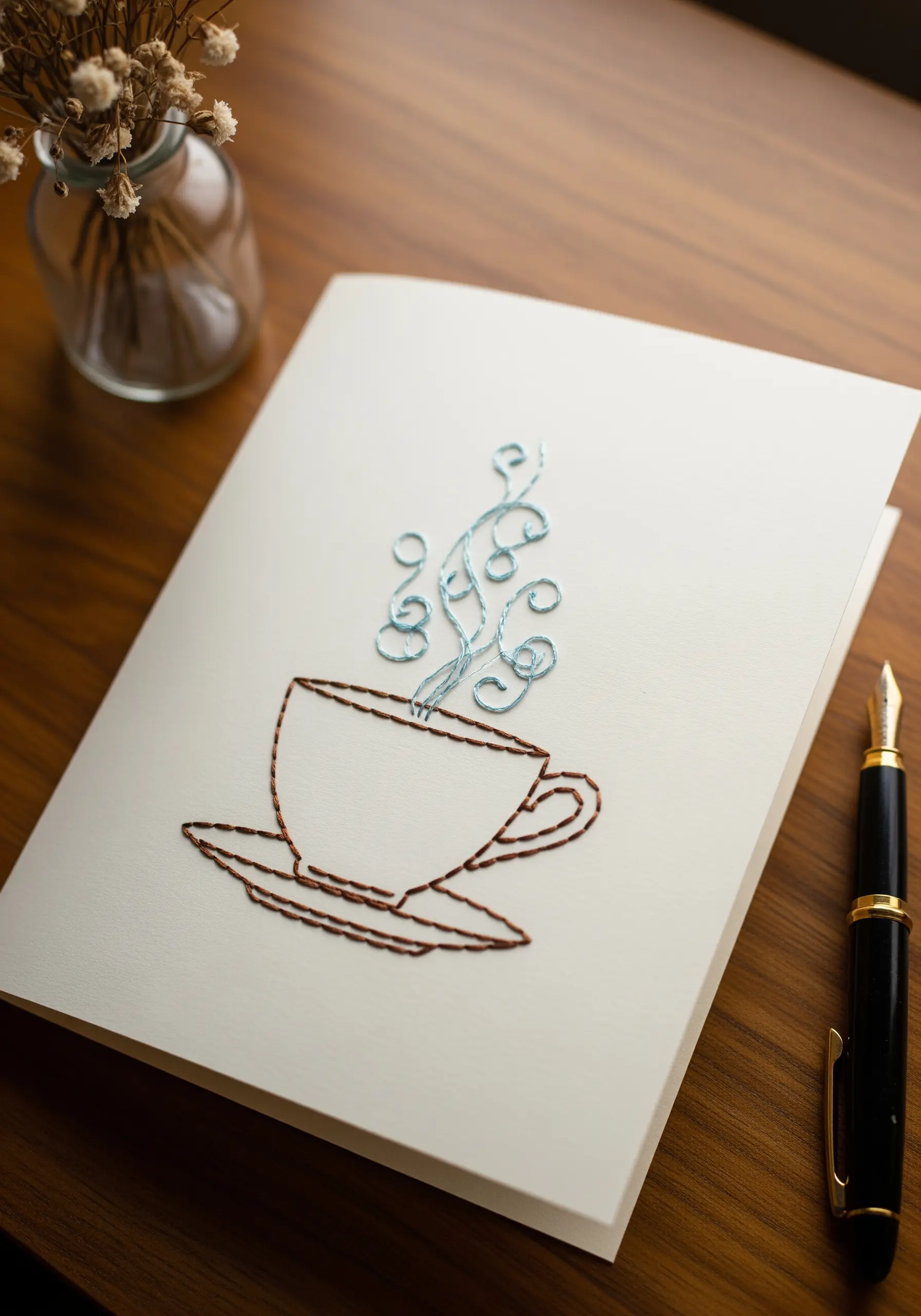 A handmade card with a coffee cup embroidered on the front using backstitch and stem stitch.