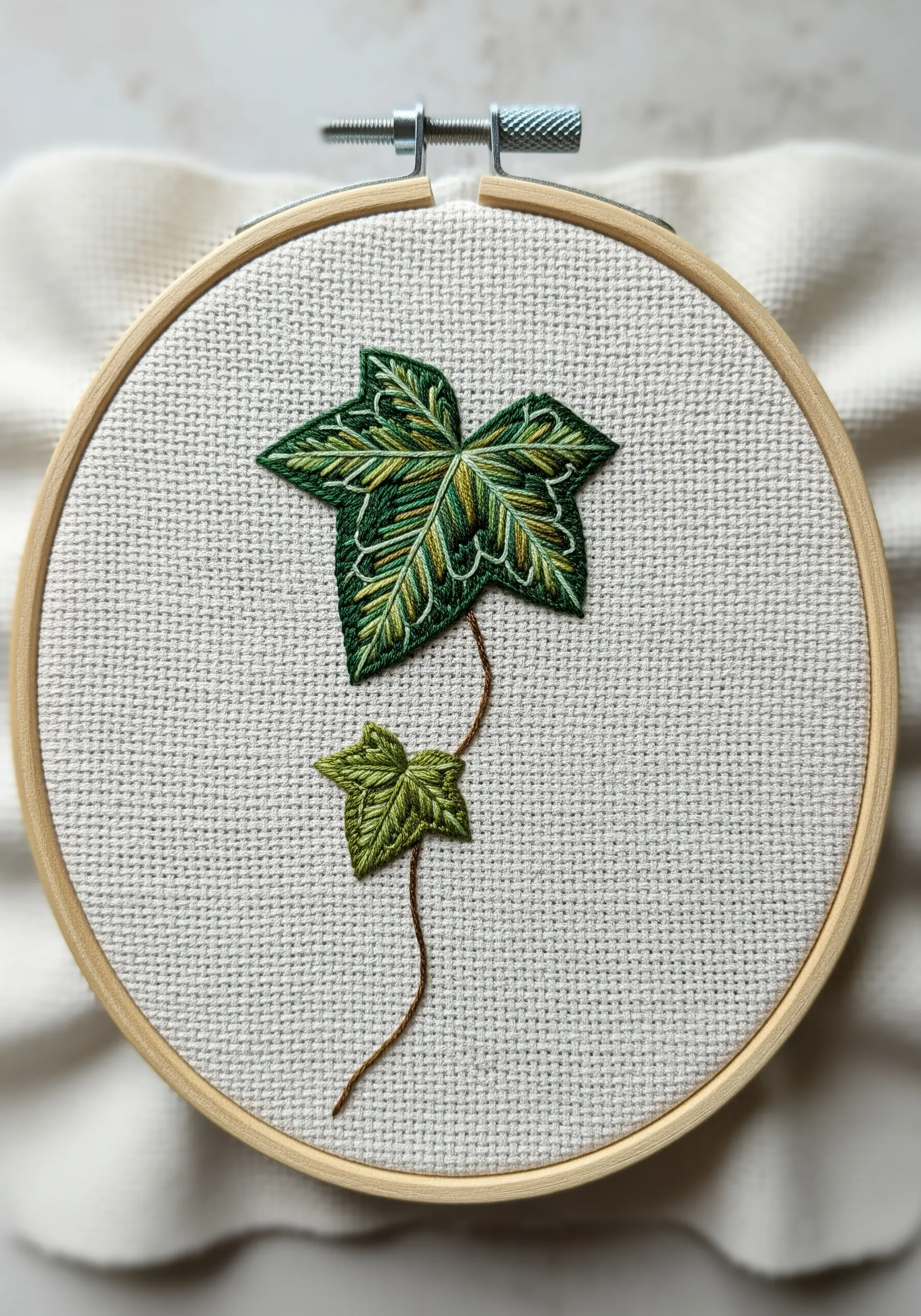A detailed ivy leaf with blended greens using thread painting technique.