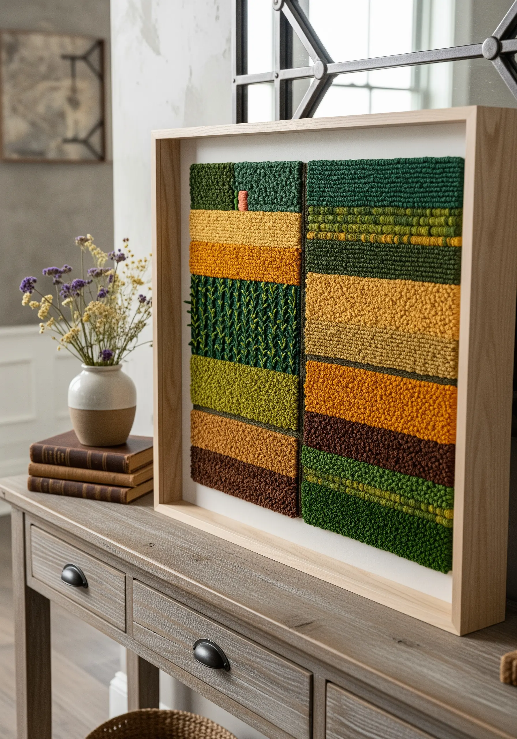 Tufted yarn embroidery resembling moss