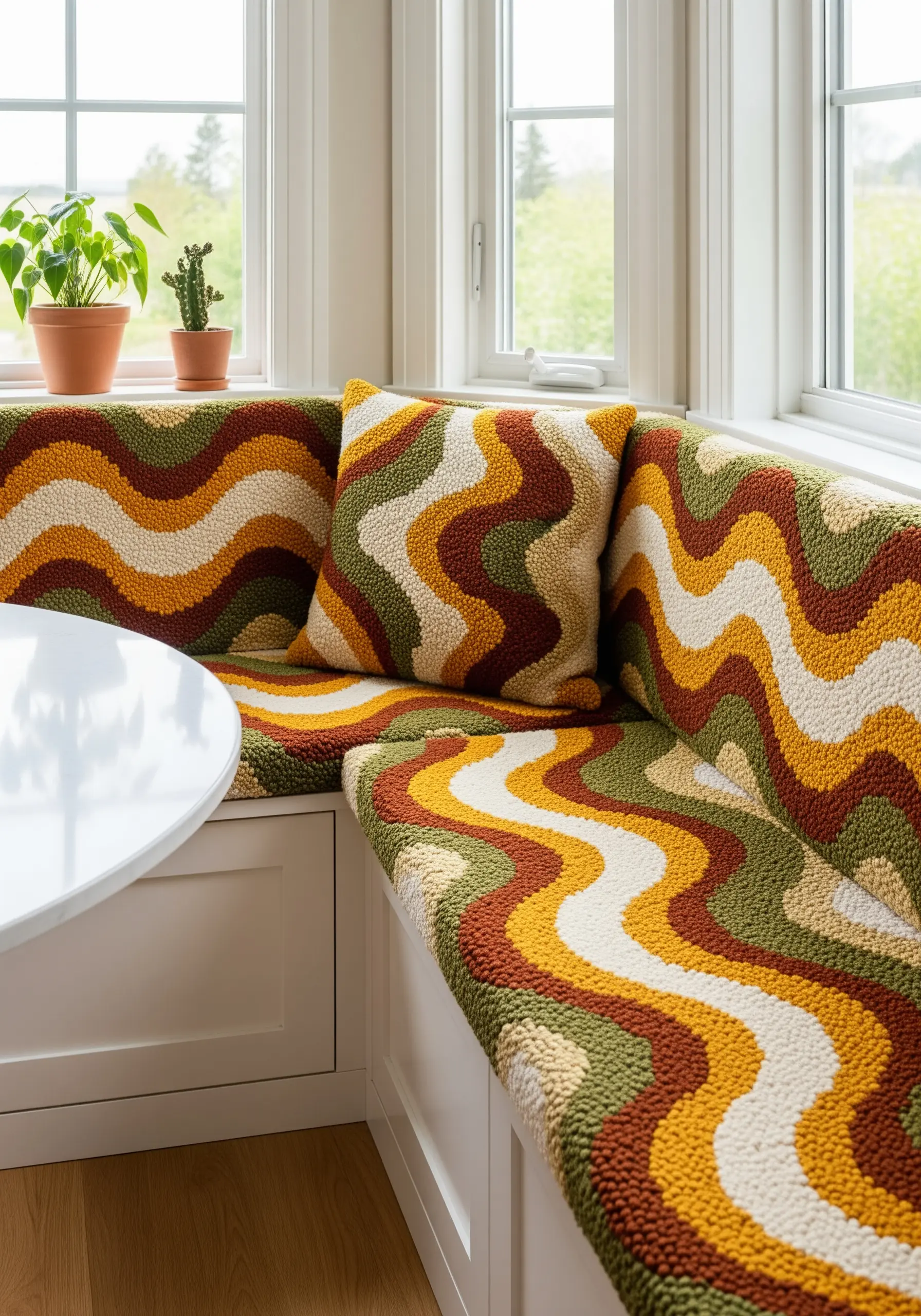Bench cushion with punch needle wave pattern in brown, green, and yellow